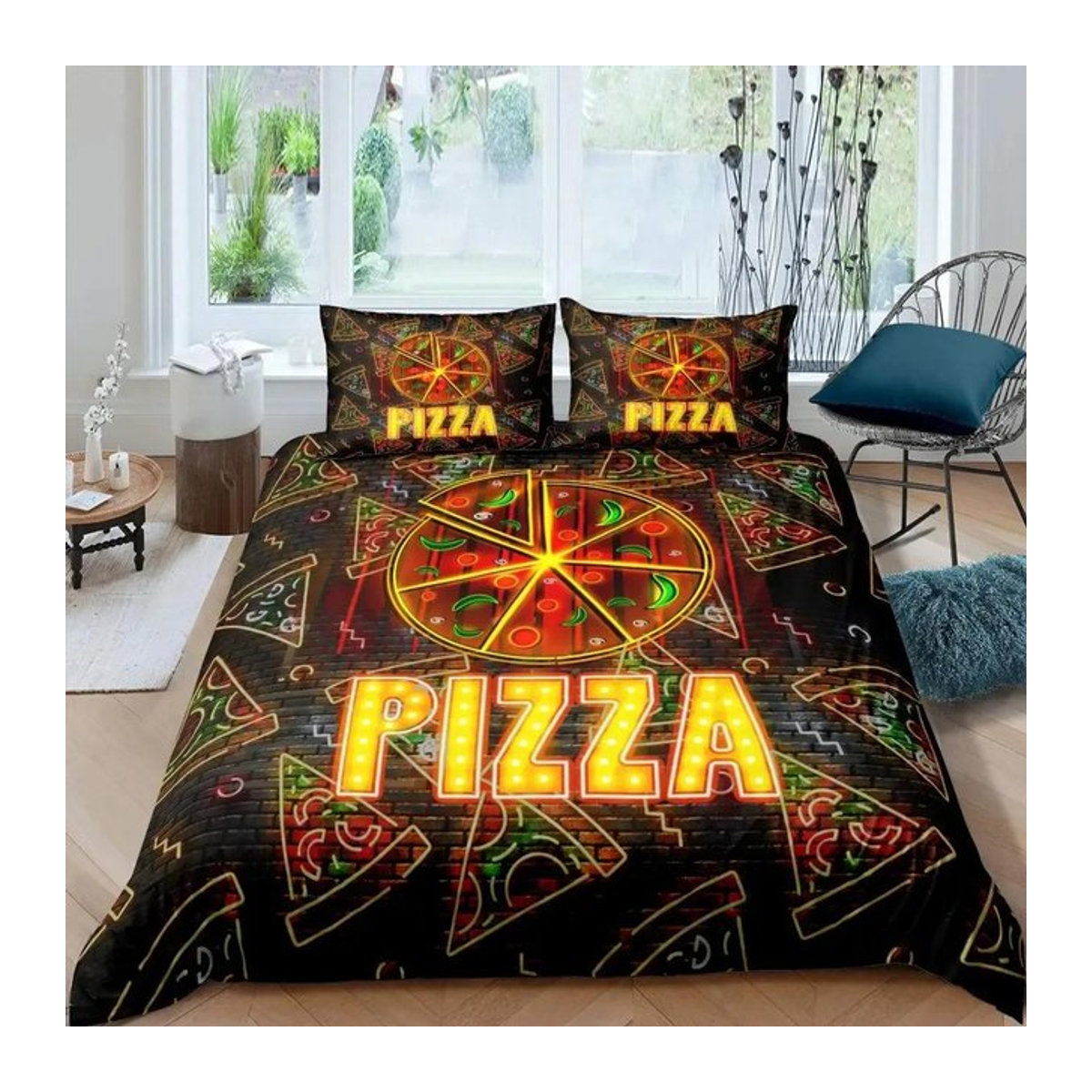Pizza Bettwäsche-Set mit Käsepizza und Pepperoni Motiv, Multicolor, B/H: 70 x 133 cm - Bild 1
