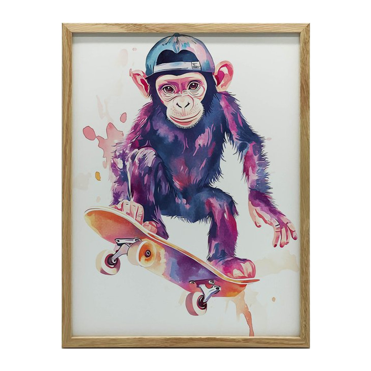 Plakat Affe Skateboarder von iKable in Multicolor mit dunkelbraunem Holzrahmen, B/H: 50 x 70 cm - Bild 1