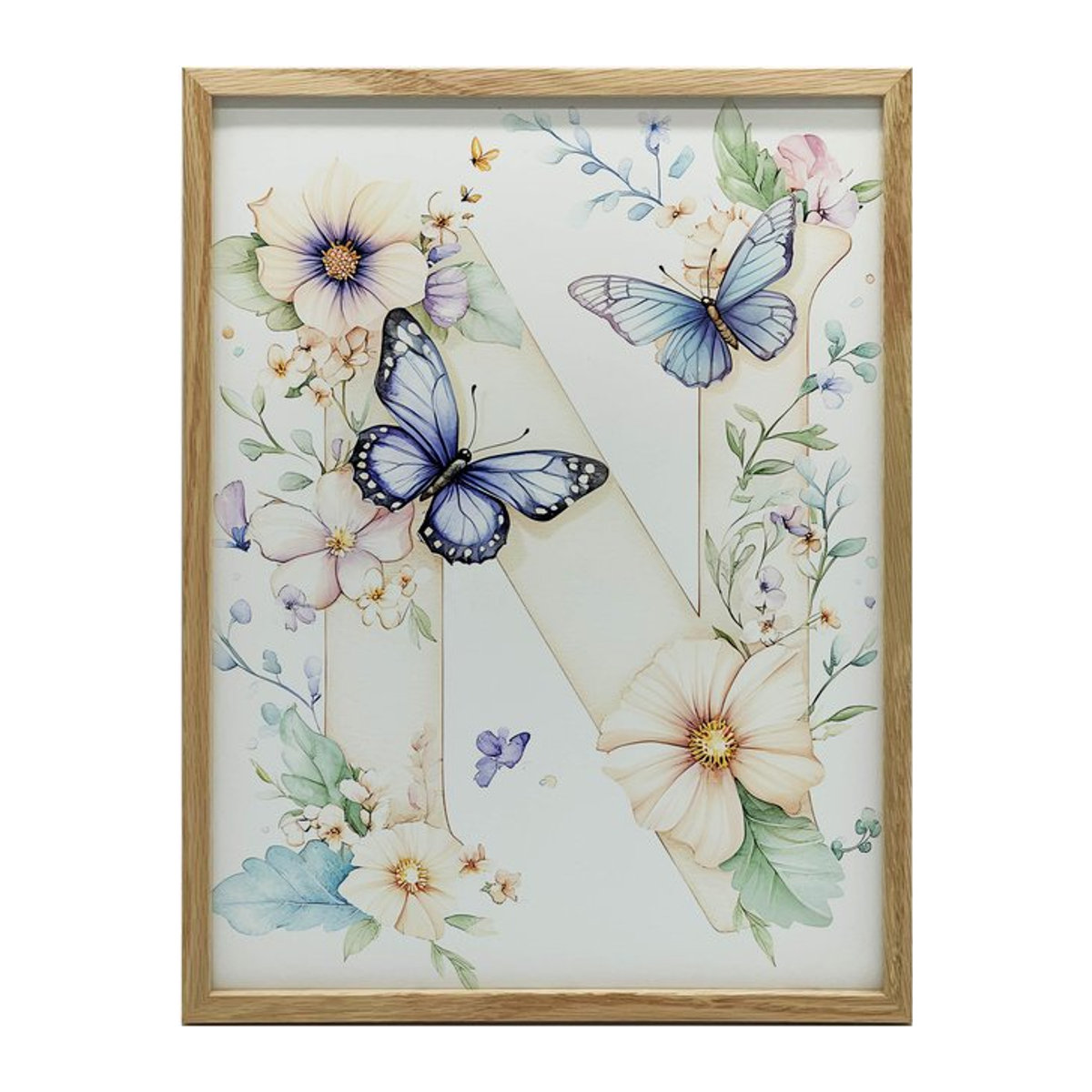 Plakat Blumenbuchstabe N mit Schmetterlingen von Marcin Zbijowski, Rahmen Helle Eiche, B/H: 30 x 40 cm - Bild 1