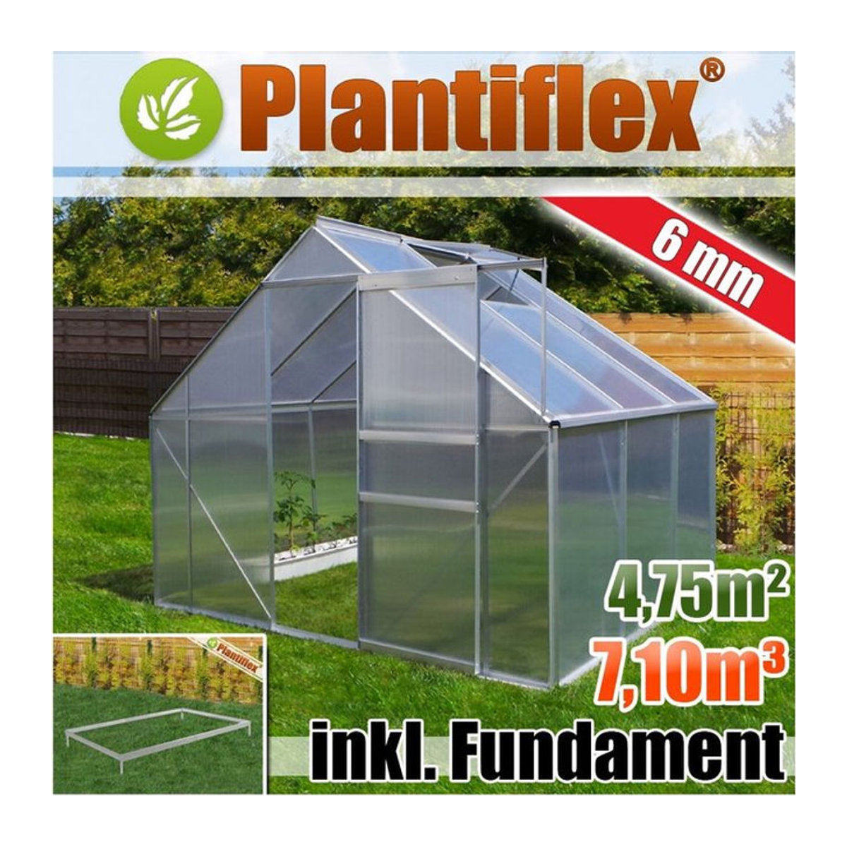 Plantiflex Aluminium Gewächshaus mit Fundament und Polycarbonat in Silber, B/T: 310 x 250 cm - Bild 1