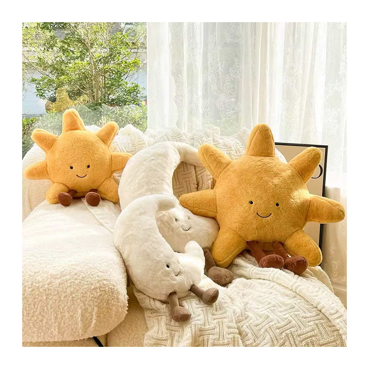 Plüschkissen mit Mond und Sonne im nordischen Design, Gelb, Deko-Kissen für Kinderzimmer und Sofa - Bild 3