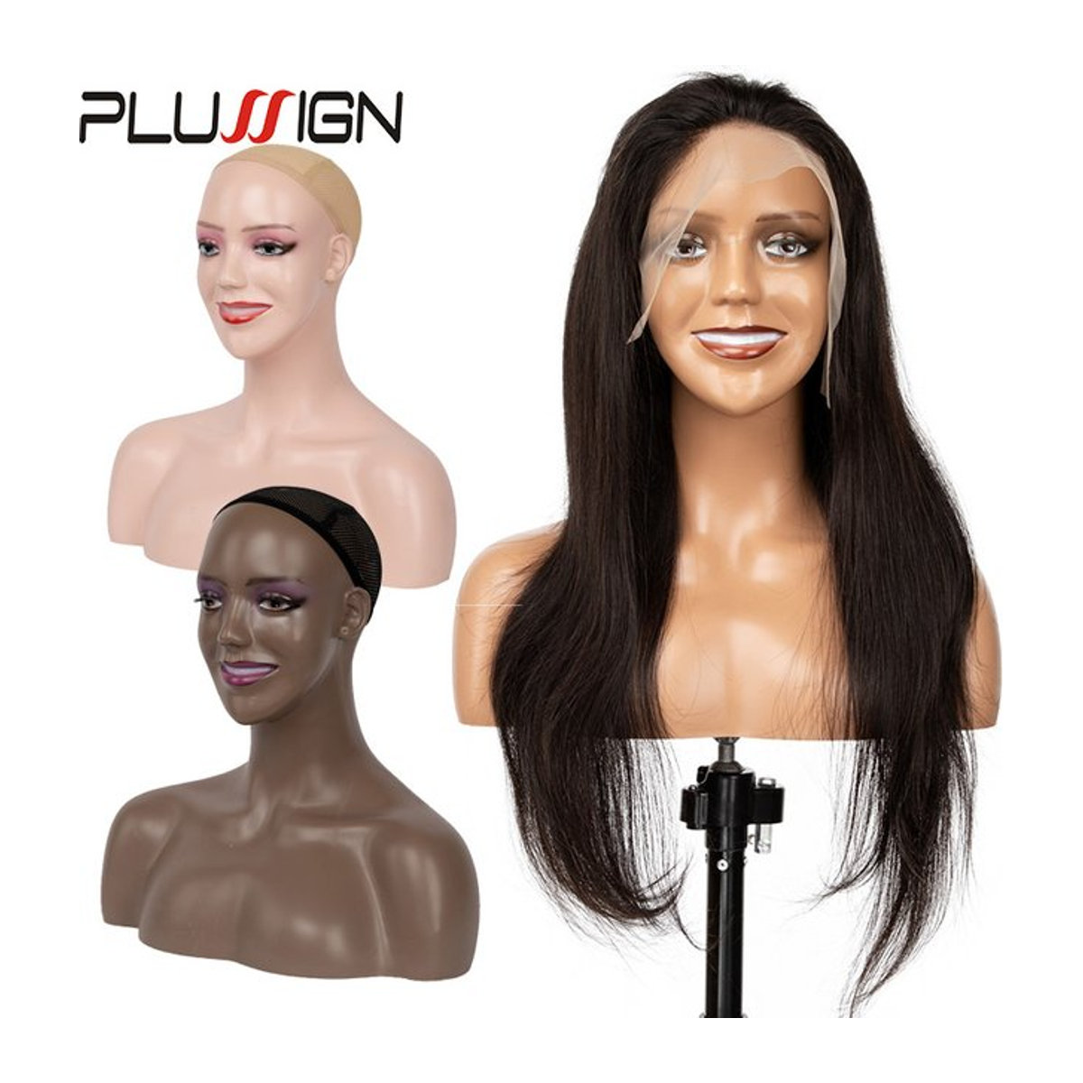 Plussign Afroamerikanischer weiblicher Schaufensterpuppenkopf mit Schultern und Perückenständer in Schwarz mit realistischen Wimpern und durchbohrten Ohrlöchern - Bild 1