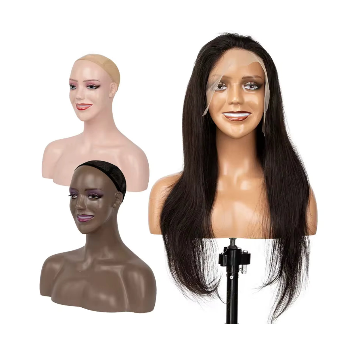 Plussign Afroamerikanischer weiblicher Schaufensterpuppenkopf mit Schultern und Perückenständer in Schwarz mit realistischen Wimpern und durchbohrten Ohrlöchern - Bild 3