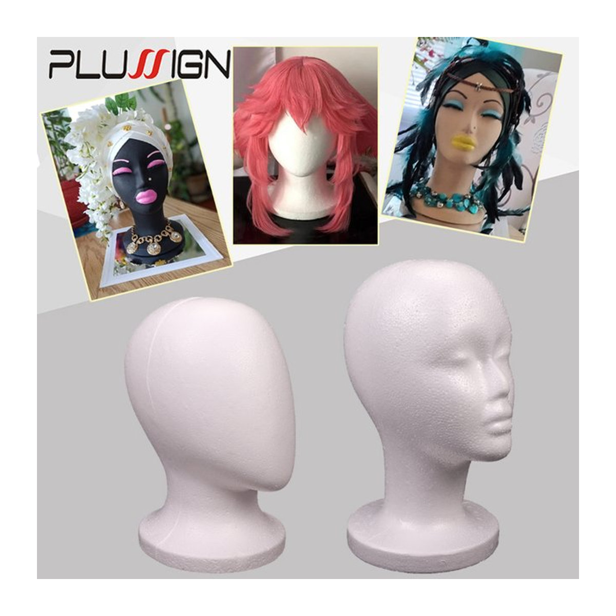 Plussign Styropor Perücken Kopf Mannequin in Weiß für DIY Styling und Display inklusive Nadeln - Bild 1