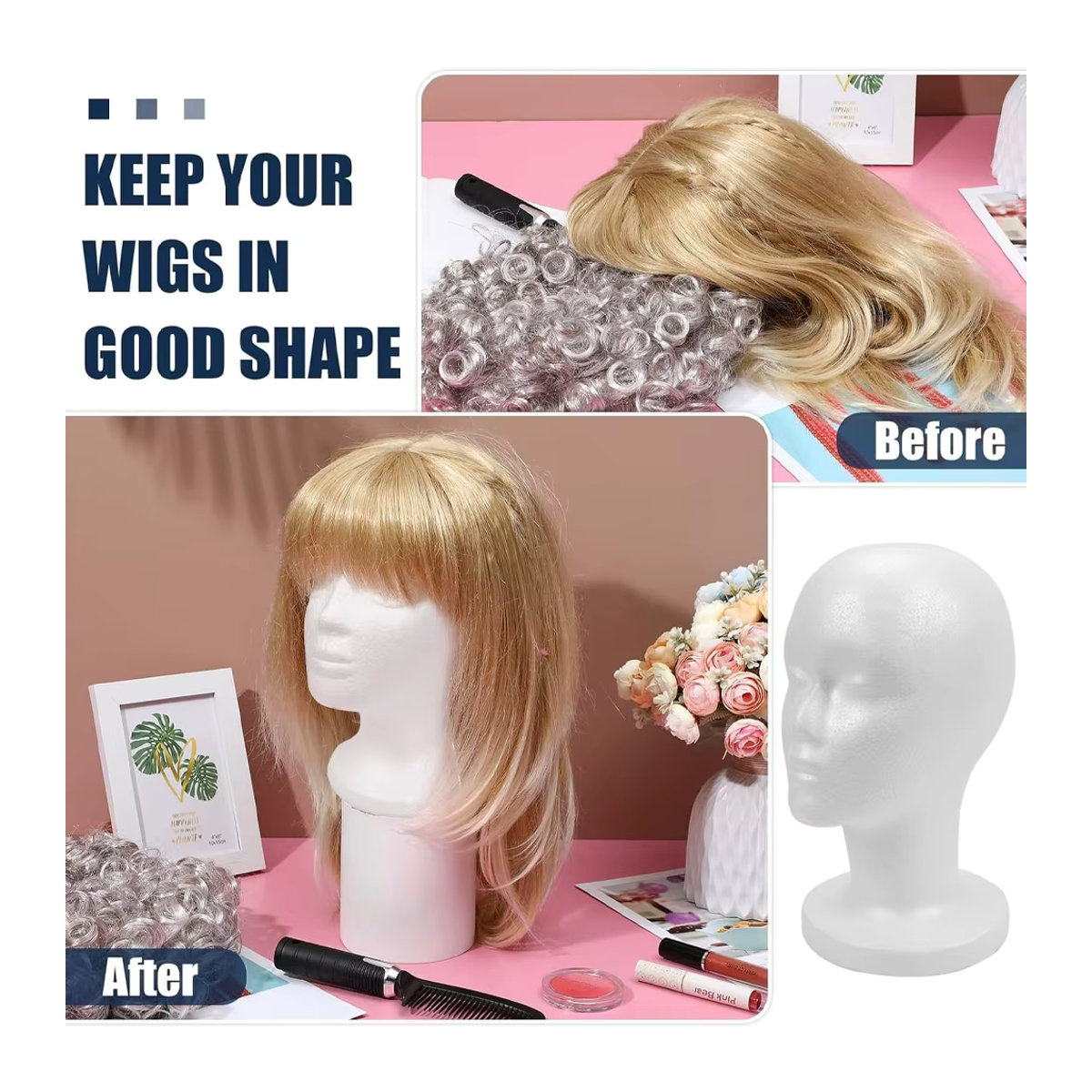 Plussign Styropor Perücken Kopf Mannequin in Weiß für DIY Styling und Display inklusive Nadeln - Bild 4