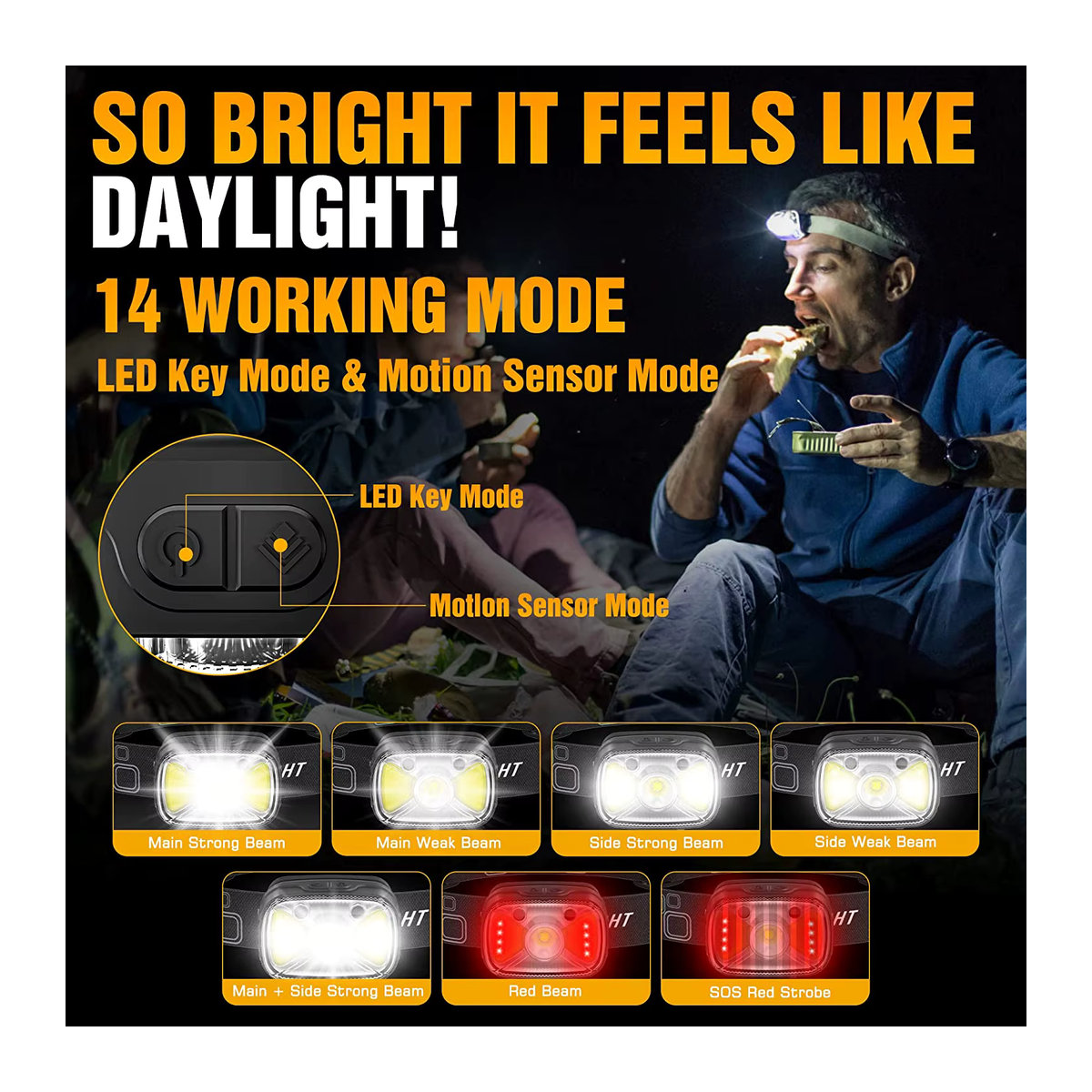 POCKETMAN LED wiederaufladbarer Scheinwerfer mit Bewegungssensor in Weiß und Rot, Taschenlampe mit 7 Modi für Outdoor, Camping und Radfahren - Bild 3