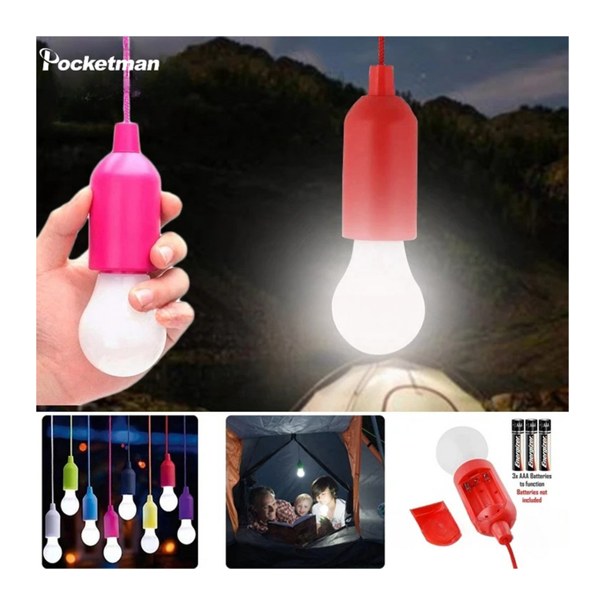 POCKETMAN Retro Tragbare Camping Lampe mit bunten LEDs und Kordel zum Aufhängen für Zelt und Outdoor-Partys - Bild 1