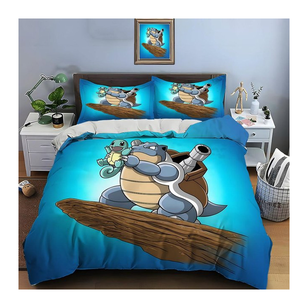 Pokemon Schiggy Print Bettwäsche Set 3-teilig in Blau mit Reißverschluss, King Size Bettset für Erwachsene, B/T/H: 200 x 200 cm - Bild 1