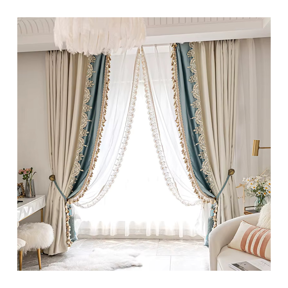 POLIS Blackout Vorhang mit Jacquard Spitze Nähten für Wohnzimmer und Schlafzimmer in Schwarz oder Beige - Bild 2