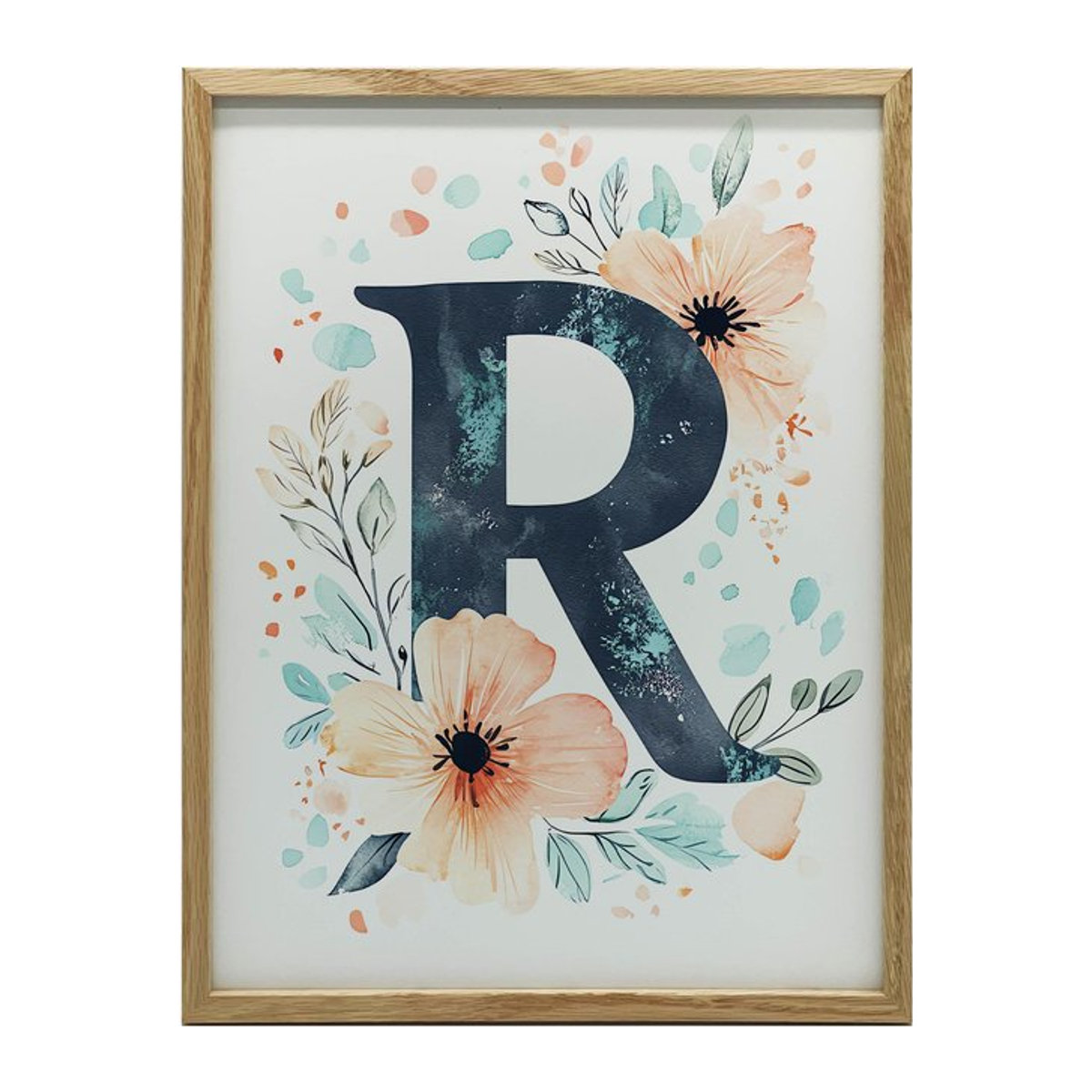 Poster Buchstabe R im Blumenkranz von Marcin Zbijowski mit Holzrahmen Helle Eiche, B: 30 cm, H: 40 cm - Bild 1