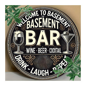 Potdemiel Wandkunstschild aus Metall im Vintage-Stil mit Wein, Bier und Cocktail Grafik in Schwarz, rund