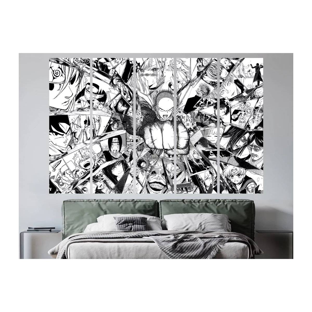 Potdemiel Wandteppich Line Art Anime Manga Collage in Schwarz-Weiß zur Wanddekoration - Bild 2