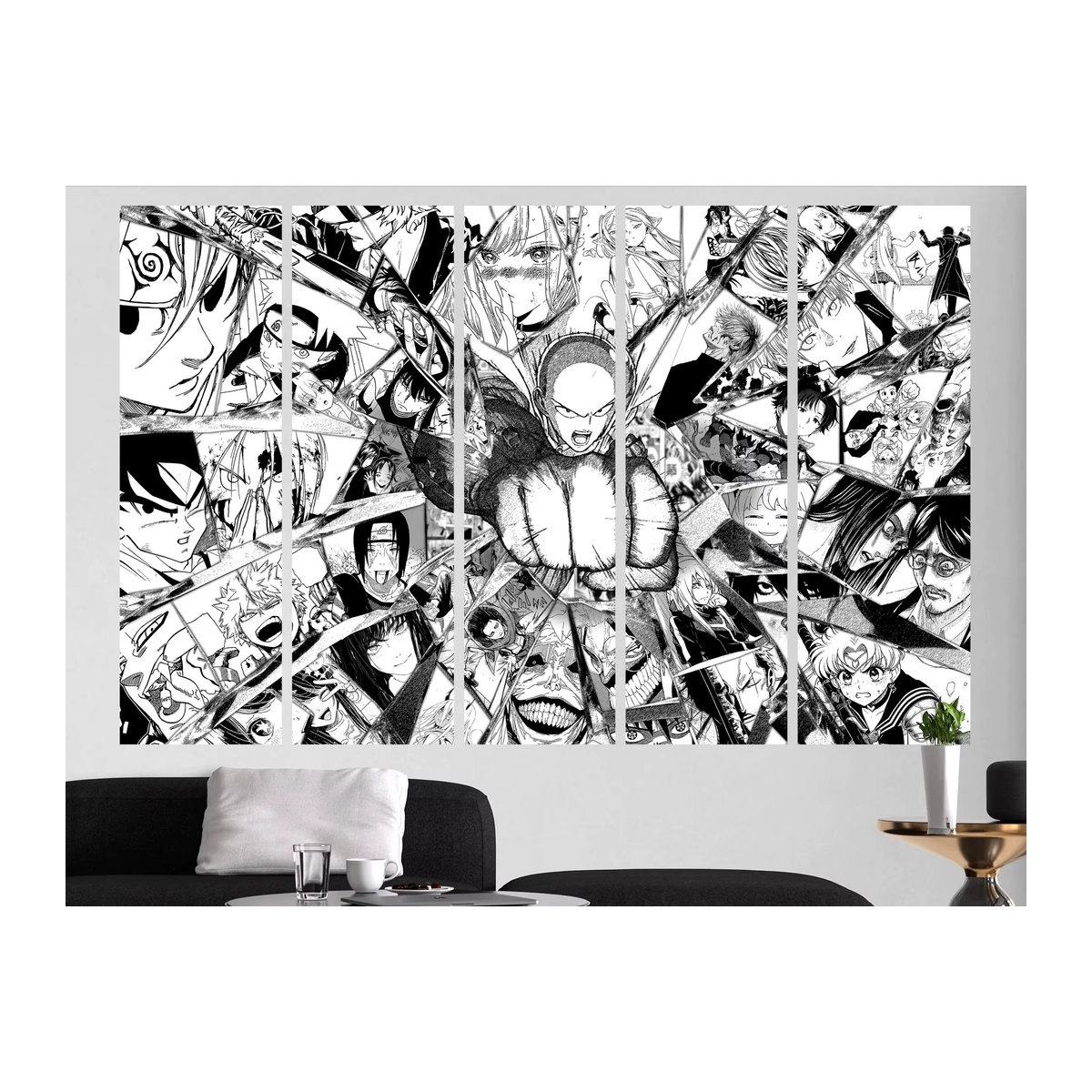 Potdemiel Wandteppich Line Art Anime Manga Collage in Schwarz-Weiß zur Wanddekoration - Bild 3