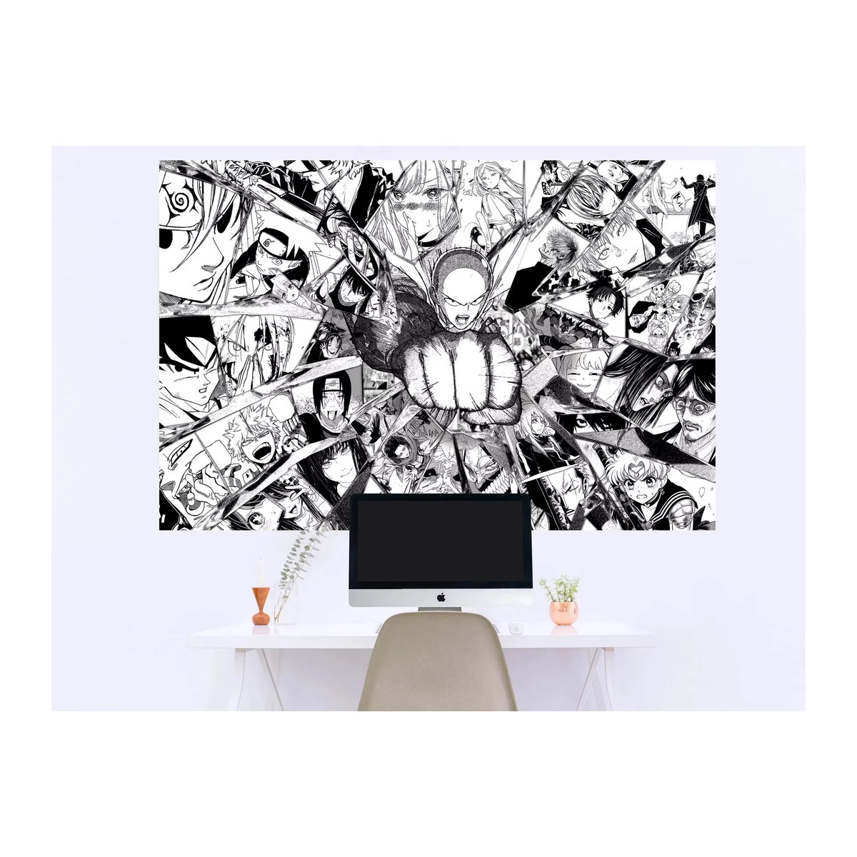 Potdemiel Wandteppich Line Art Anime Manga Collage in Schwarz-Weiß zur Wanddekoration - Bild 4