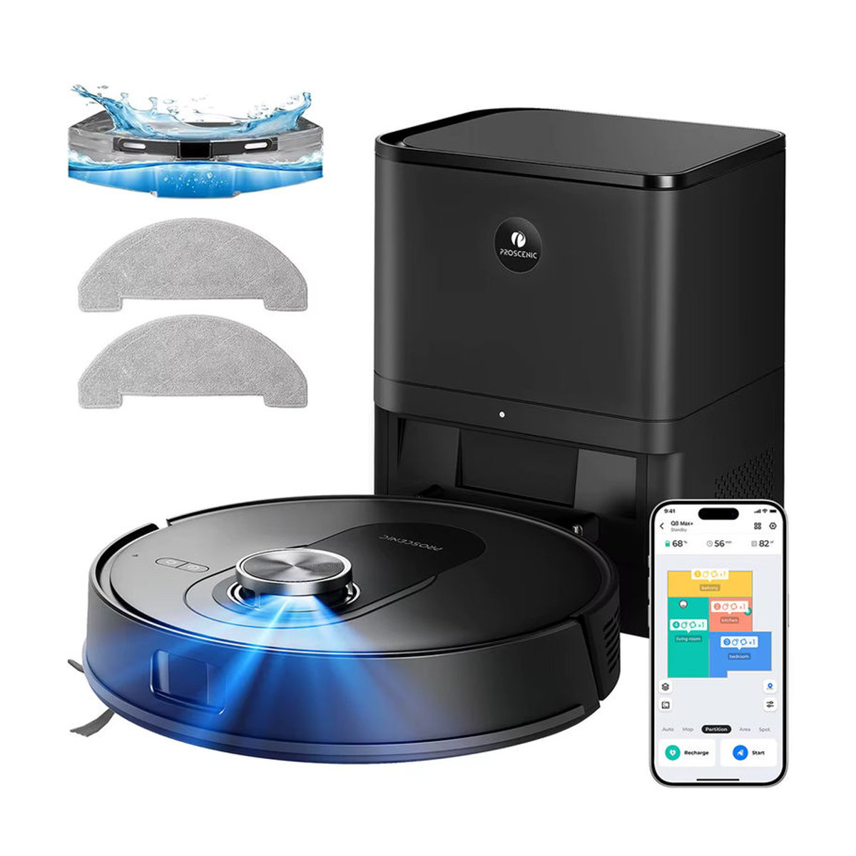 Proscenic Q8 Max+ Roboter-Staubsauger und Wischmopp in Schwarz mit 8000Pa Saugkraft, 3L Staubbeutel und LDS-Navigation - Bild 1