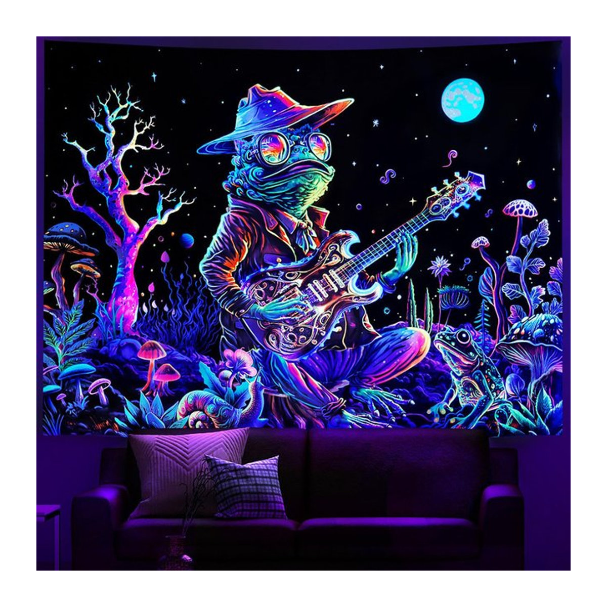 Psychedelischer Alien Wandteppich mit Hippie-Astronauten Motiv, UV-reaktiver Wandbehang in Multicolor für Schlafzimmer und Meditation - Bild 1