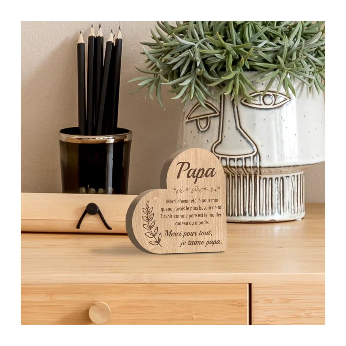 Putuo Decor Herzförmiges Holzschild Papa in Braun als Tischdekoration im Landhausstil - Bild 3