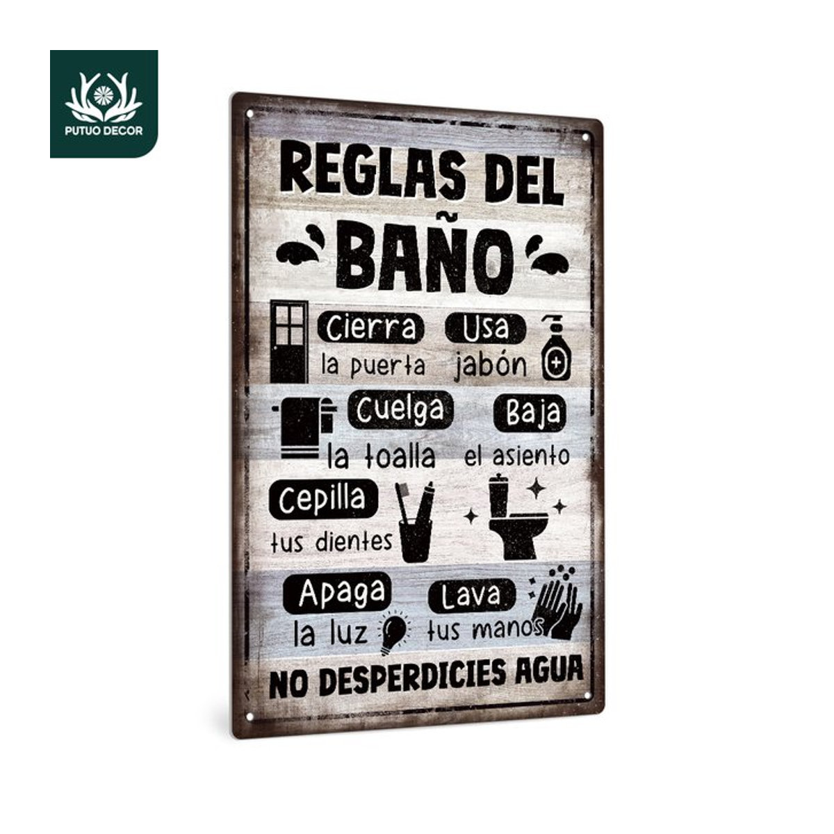Putuo Decor Spanisches Vintage-Metallblechschild Reglas Del Baño Wandkunst-Dekor für Badezimmer und Waschraum, Höhe: 30,0 cm, Breite: 20,0 cm - Bild 1