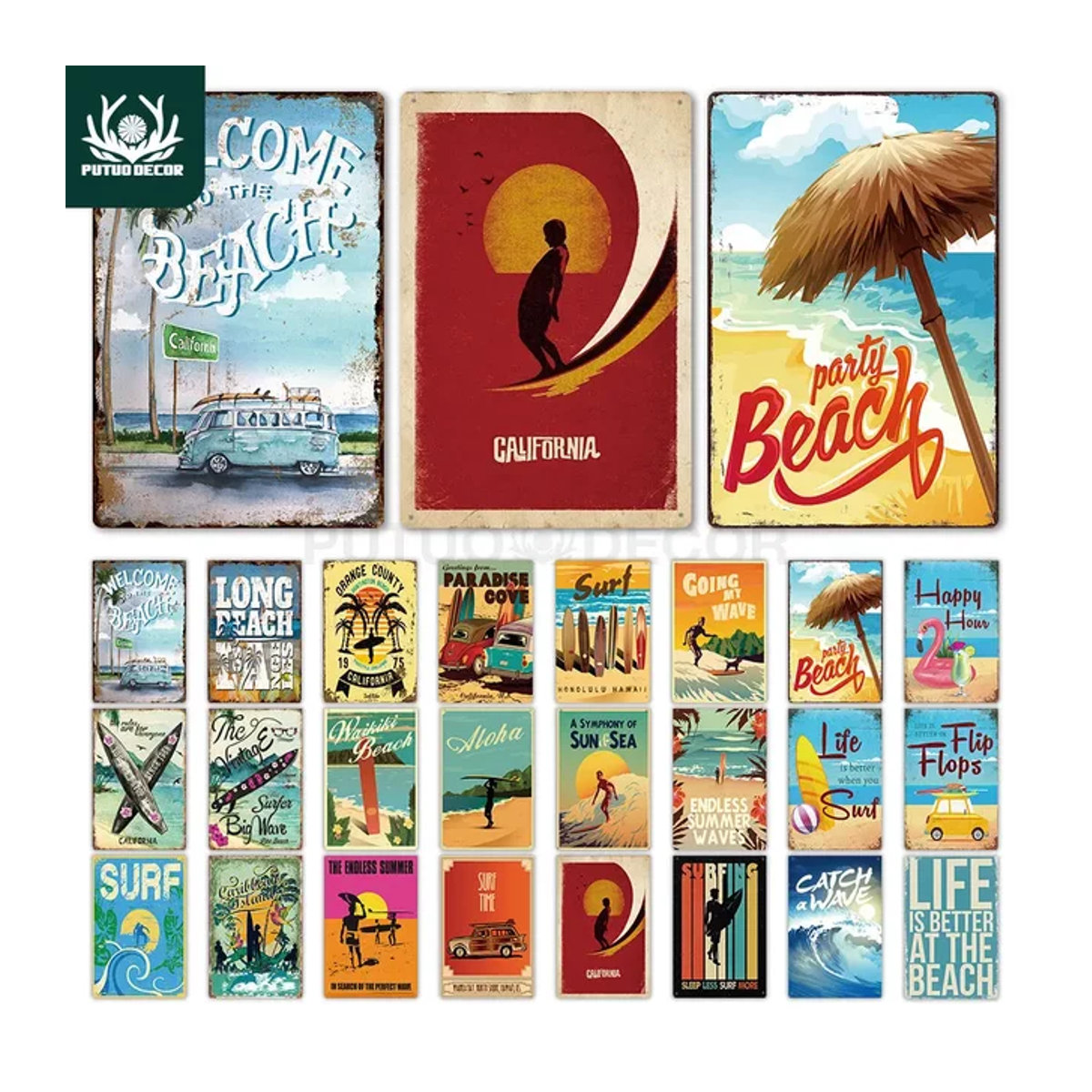 Putuo Decor Strand Zinn Zeichen Plakette aus Metall in Maritim Mehrfarbig, Wanddekoration für Strandhaus und Surf Club, Rechteckig, H x B x T: 30 x 24 x 20 cm - Bild 1