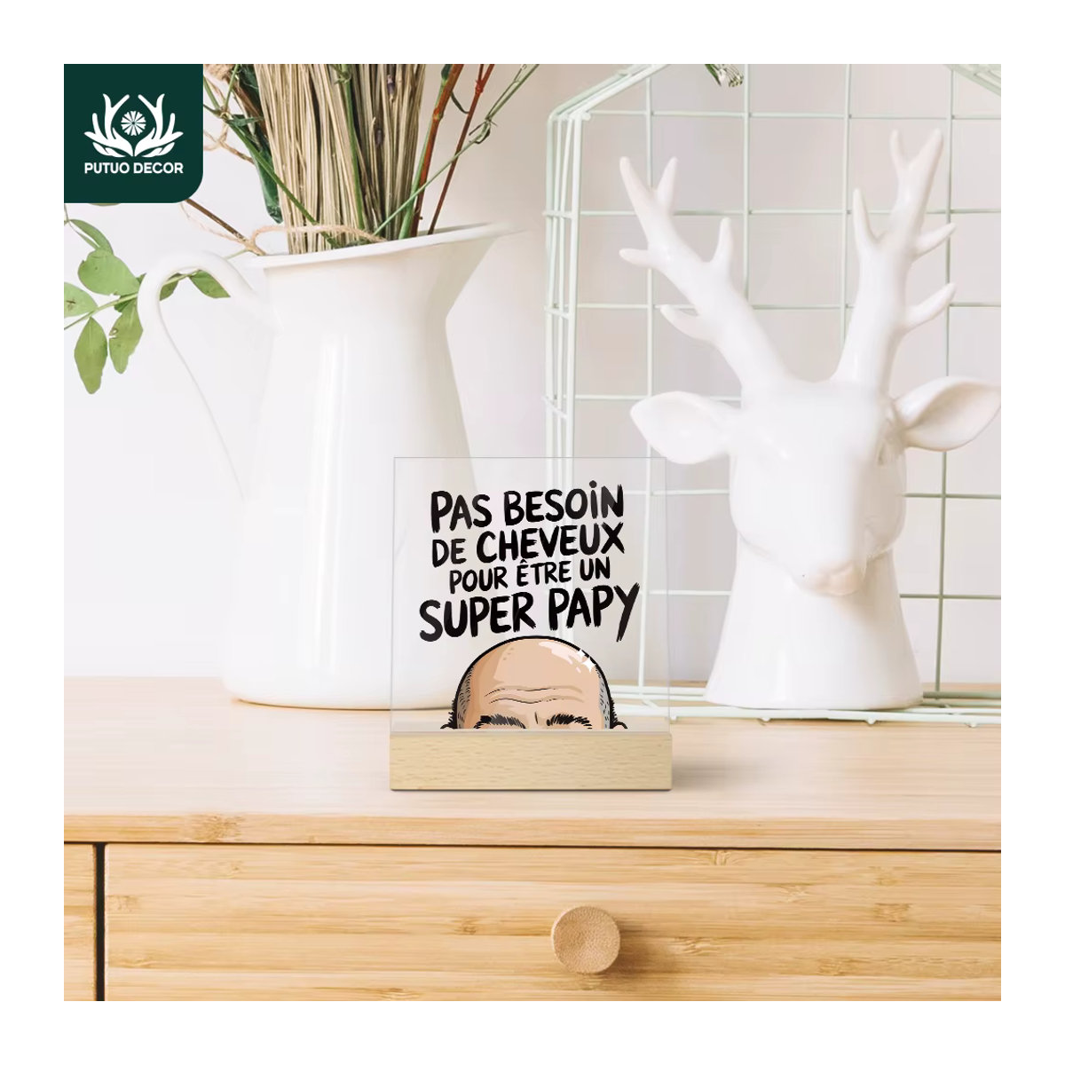 Putuo Decor Tischdekoration Pour Nous Un Super Papy aus Acryl und Holz, transparentes Schild im Landhausstil - Bild 5