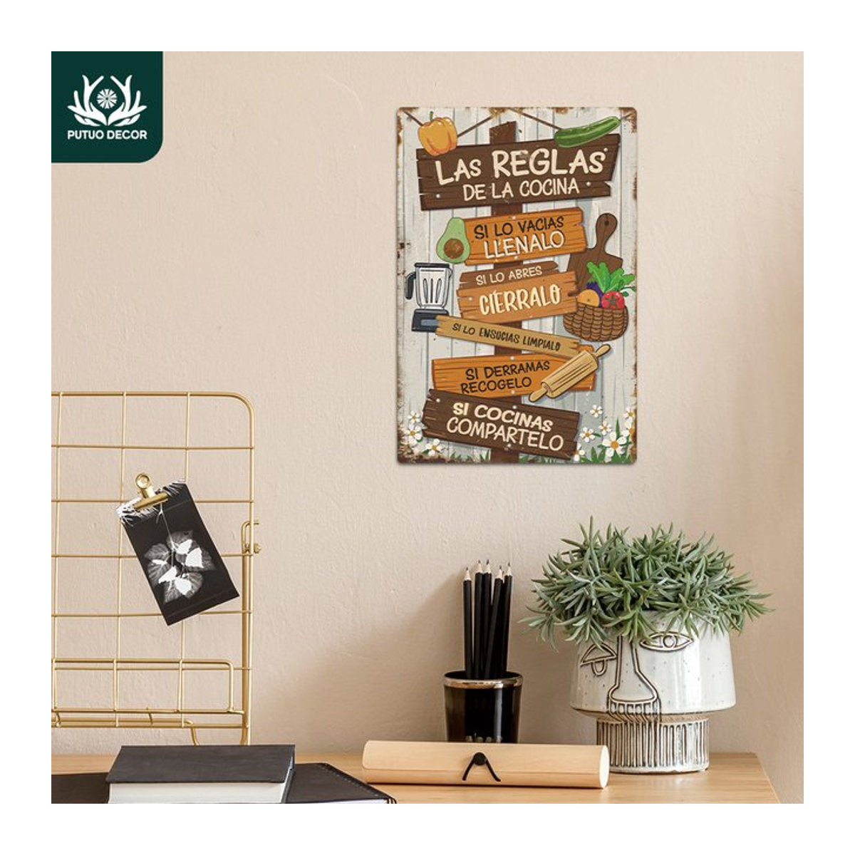 Putuo Decor Vintage Metallblechschild LAS REGLAS DE LA COCINA Wandkunst für Küche und Restaurant, B: 20 cm, H: 30 cm - Bild 1