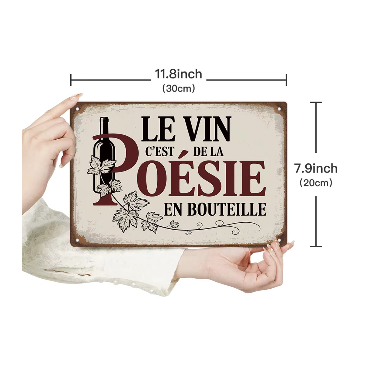 Putuo Decor Vintage Metallblechschild Le Vin C'est de la poésie en bouteille Wandkunst in Weiß B: 30 cm, H: 20 cm - Bild 3