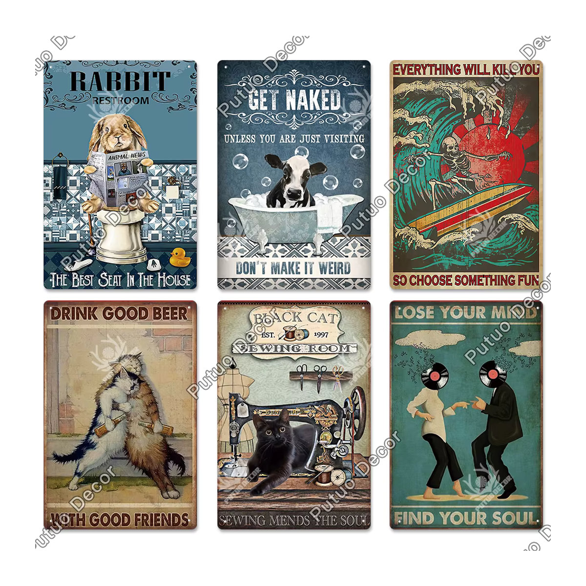 Putuo Dekor Vintage Metallschild Lustige Katze Retro Wandkunst Plakette Mehrfarbig B: 29,97 cm, H: 29,97 cm - Bild 1
