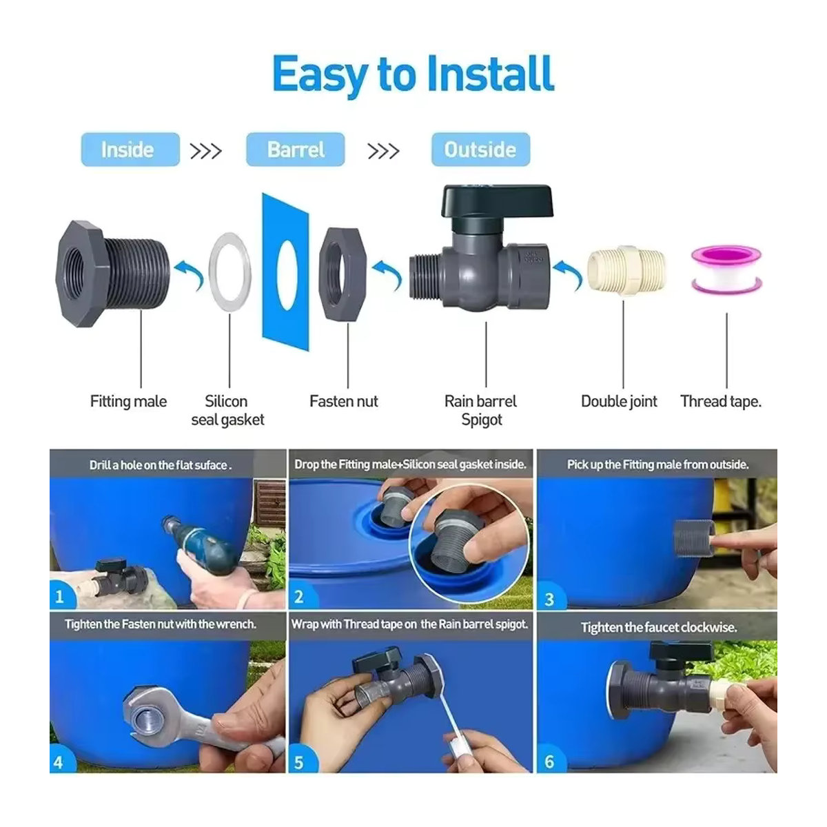 PVC-Wasserfass-Zapfen-Kit als Anschluss-Abfluss-Adapter mit Innengewinde für deine Regentonne und Gartenwerkzeug-Zubehör aus Kunststoff - Bild 4