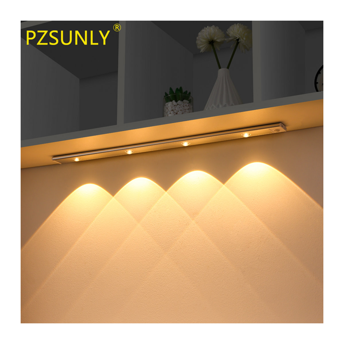 PZSUNLY USB aufladbare LED Schrankbeleuchtung mit Bewegungssensor für Küche und Kleiderschrank in Weiß oder Silber, Länge: 20 cm bis 60 cm - Bild 1