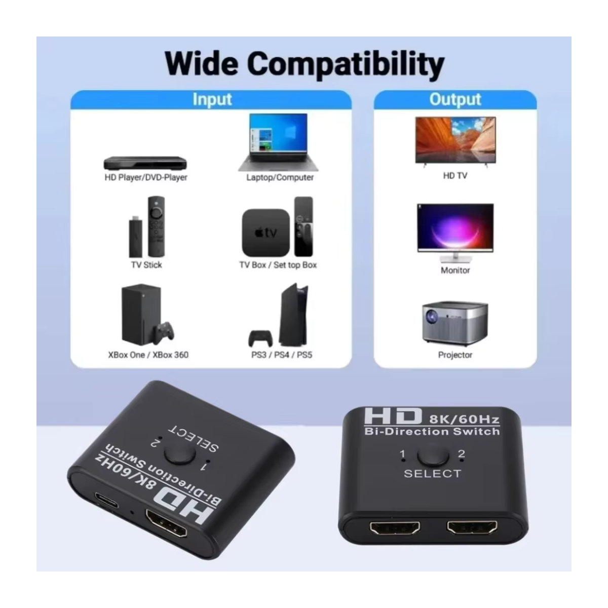 PzzPss HDMI Switch Splitter Bidirektional 8K 60Hz 4K 60Hz 1x2/2x1 Schwarz aus Aluminium für PC Laptop Xbox PS3/4 zu Monitor oder Projektor - Bild 4