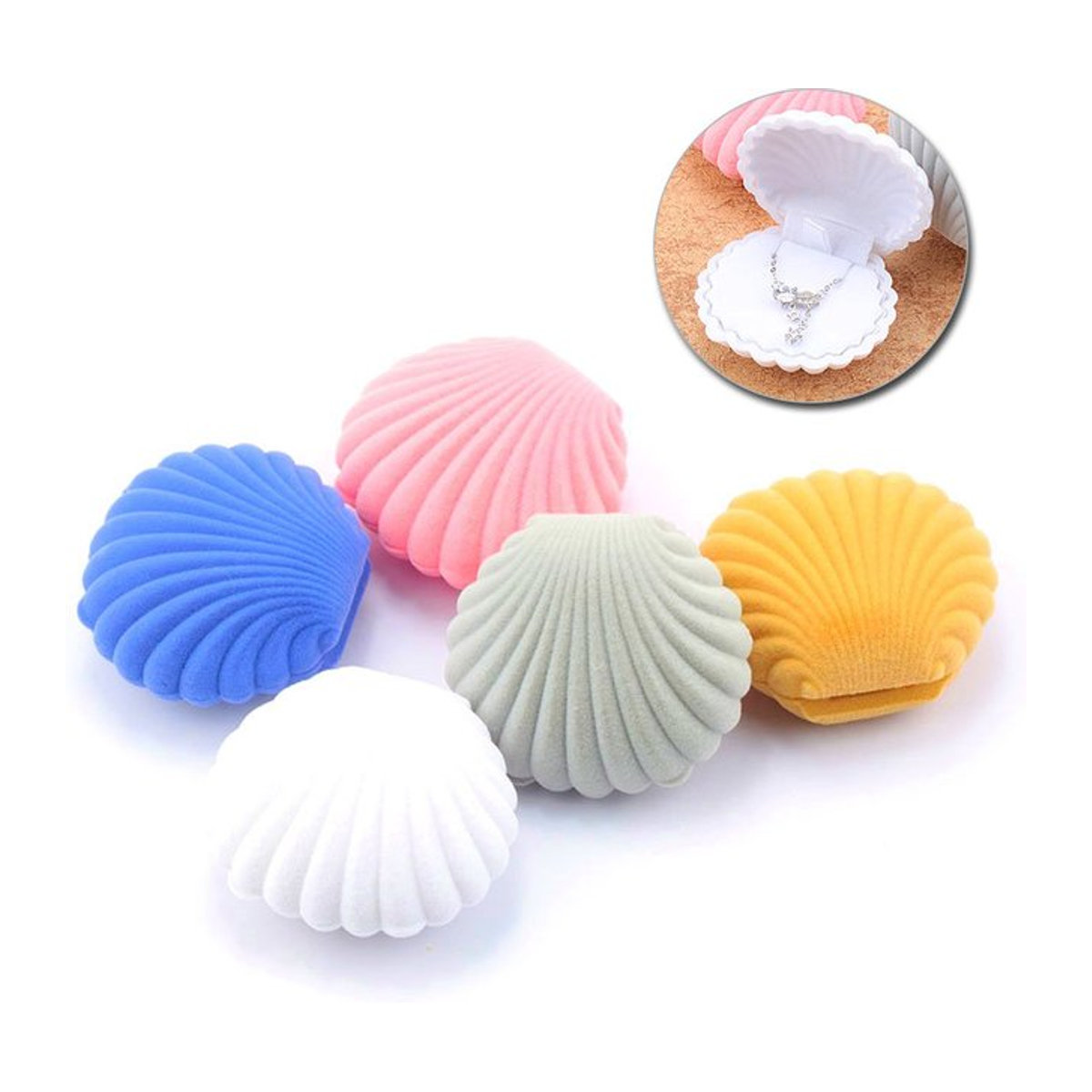 QIAO Schmuckschatulle in Muschelform aus Samt für Ringe, Ohrringe und Halsketten, Weiß/Mehrfarbig - Bild 1