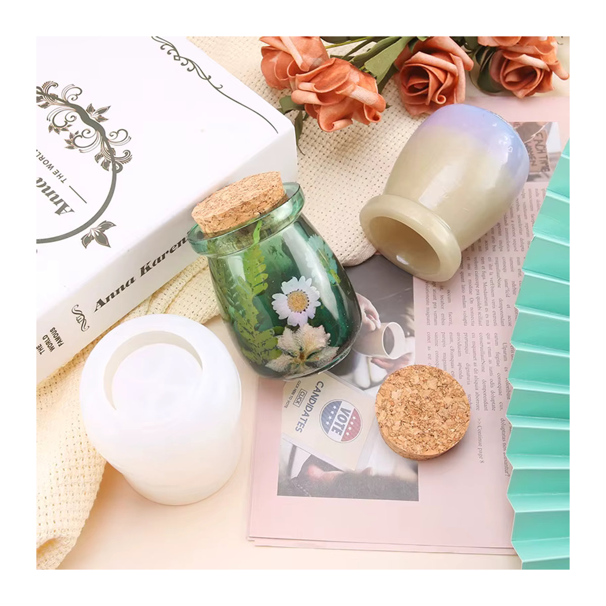 QIAO Set aus 5 Glasbehältern mit floralen Silikonformen und Holzdeckeln, mehrfarbig, rund - Bild 4