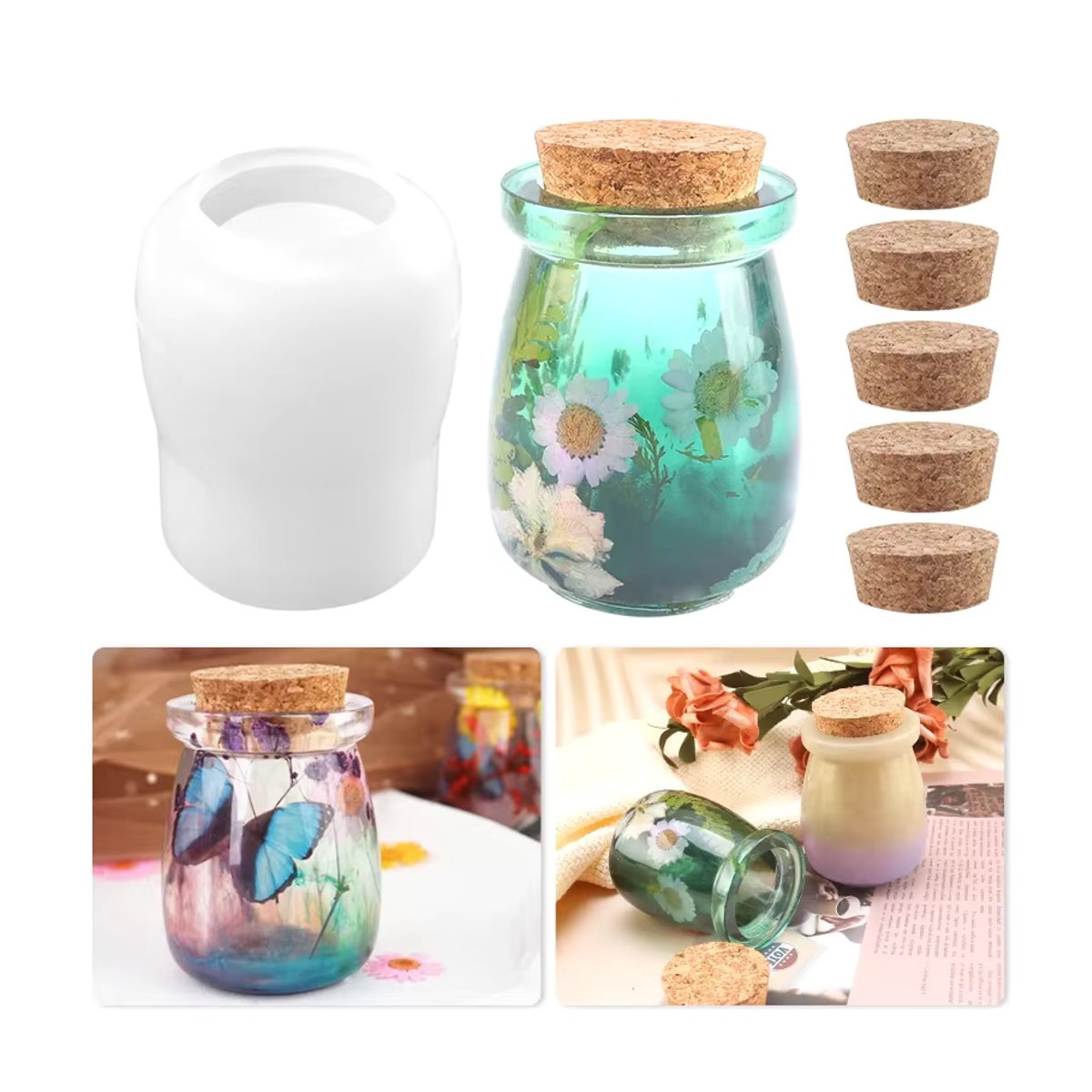 QIAO Set aus 5 Glasbehältern mit floralen Silikonformen und Holzdeckeln, mehrfarbig, rund - Bild 6