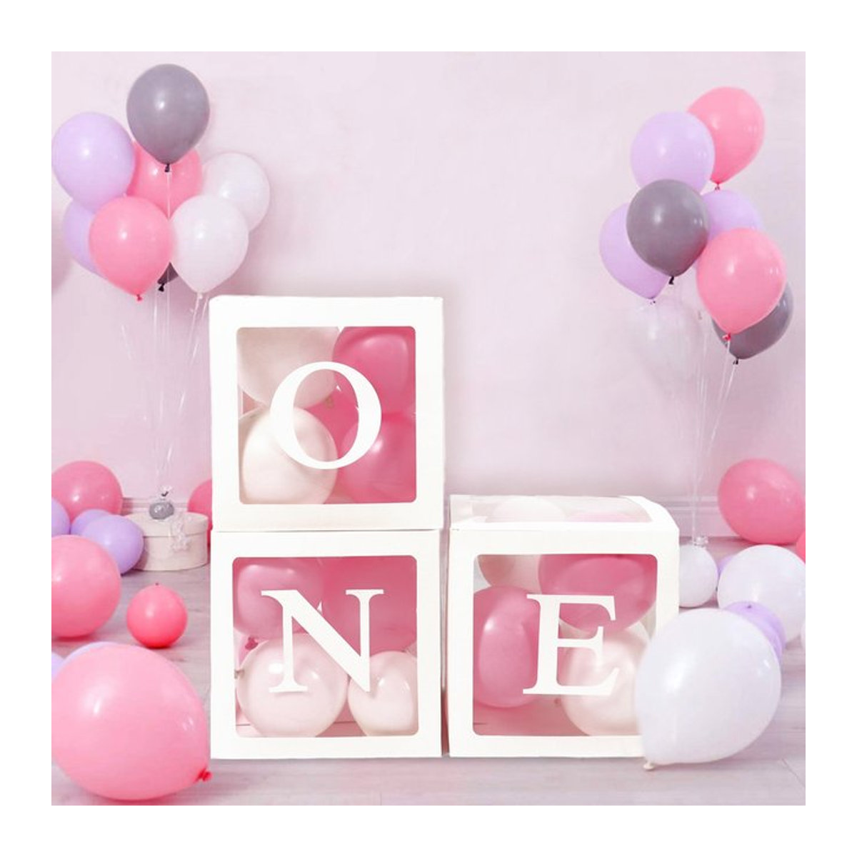 QIFU Buchstaben-Ballonbox Set aus Kunststoff für den 1. Geburtstag, Babyparty und Hochzeit, mehrfarbig, quadratisch, stehend - Bild 1