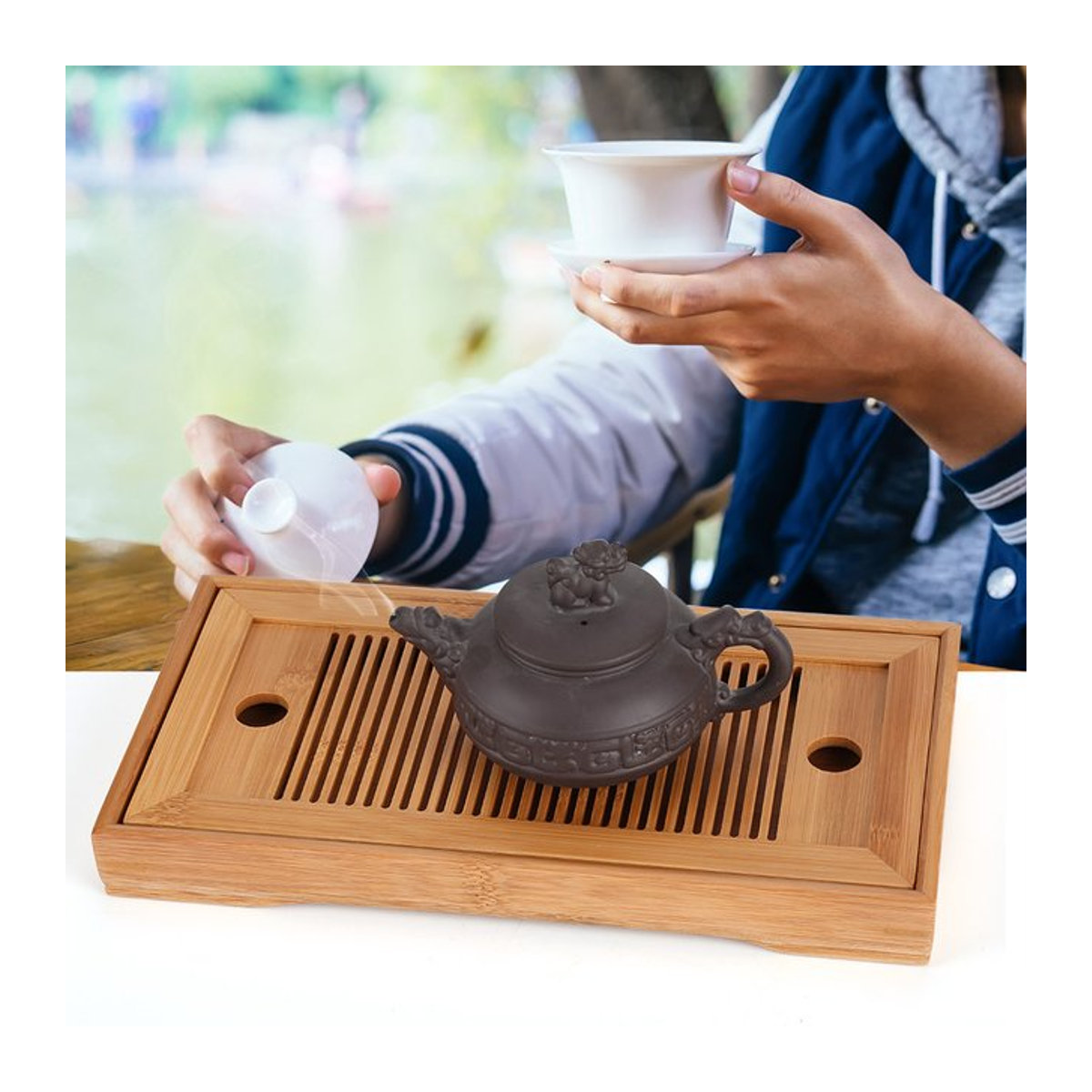 Qiilu Bambus Tee Tablett in Braun für Gongfu Tee im orientalischen Design - Bild 1