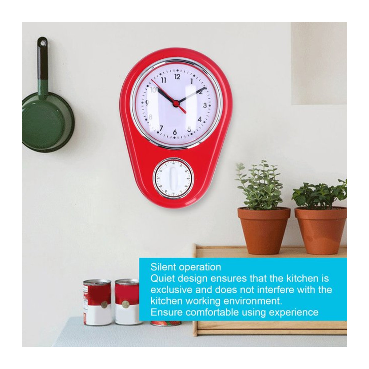 Qiilu Wanduhr aus Kunststoff in Rot, 9-Zoll-Quarzuhr mit geräuschlosem Display für die Küche - Bild 1