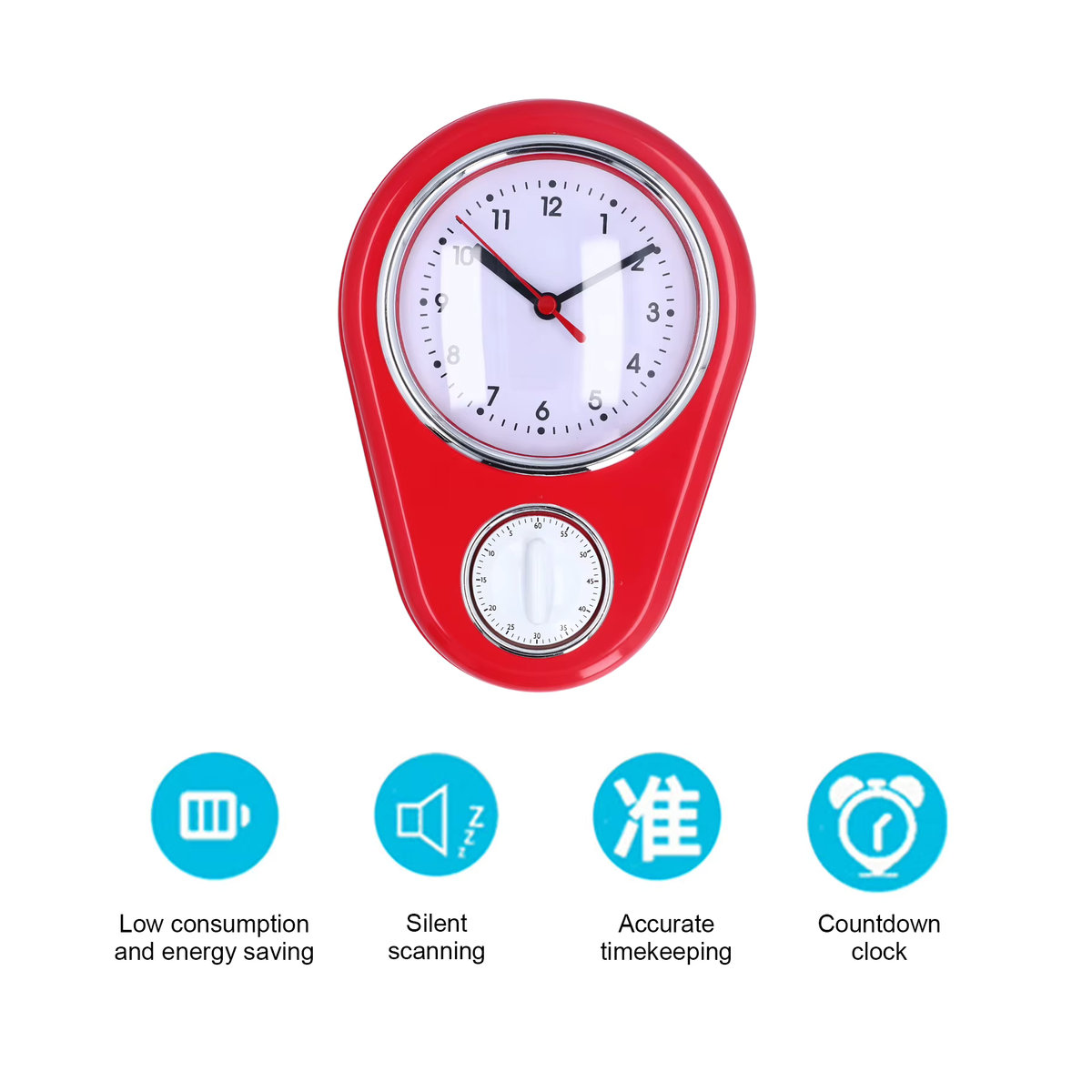 Qiilu Wanduhr aus Kunststoff in Rot, 9-Zoll-Quarzuhr mit geräuschlosem Display für die Küche - Bild 2