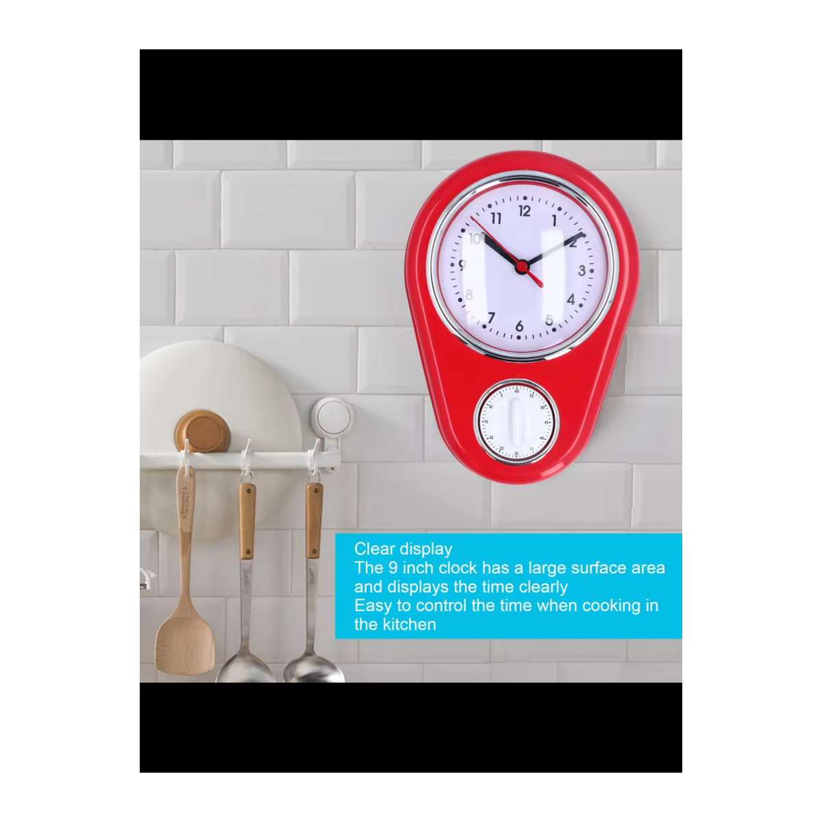 Qiilu Wanduhr aus Kunststoff in Rot, 9-Zoll-Quarzuhr mit geräuschlosem Display für die Küche - Bild 3