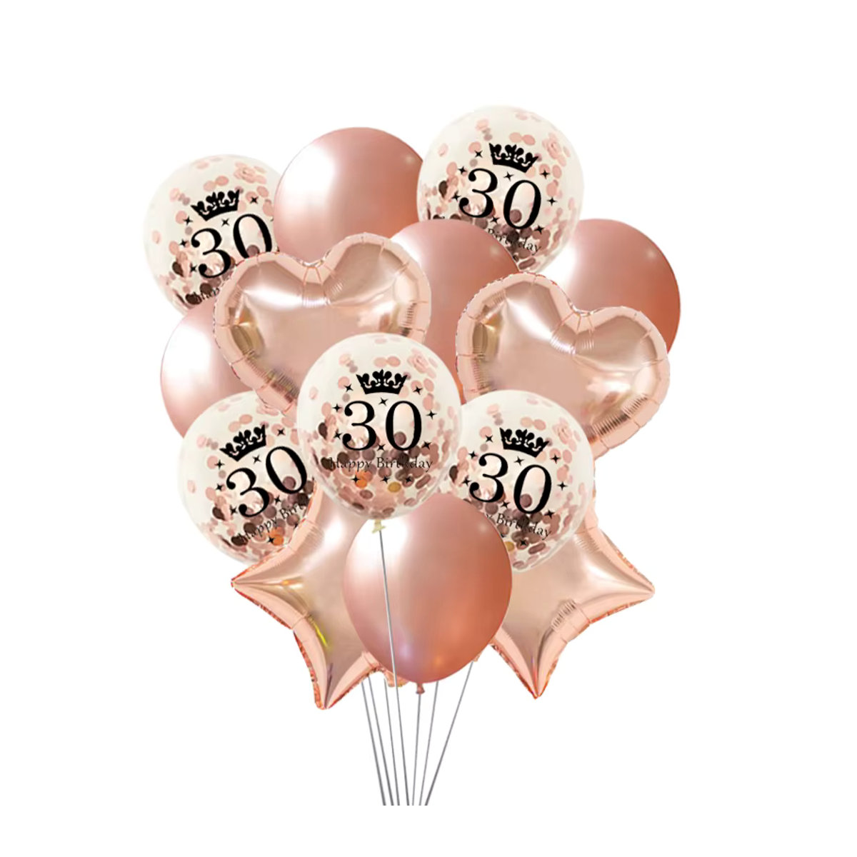QIJOYJU Happy Birthday Party Dekoration Set aus 14 Stück Latexballons in Roségold mit Herz- und Sternballons für Erwachsene - Bild 2