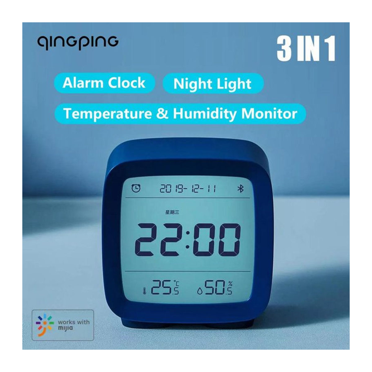 Qingping 3-in-1 Multifunktionsuhr mit Bluetooth, Wecker, Temperatur- und Feuchtigkeitsüberwachung sowie Nachtlicht in Blau - Bild 1