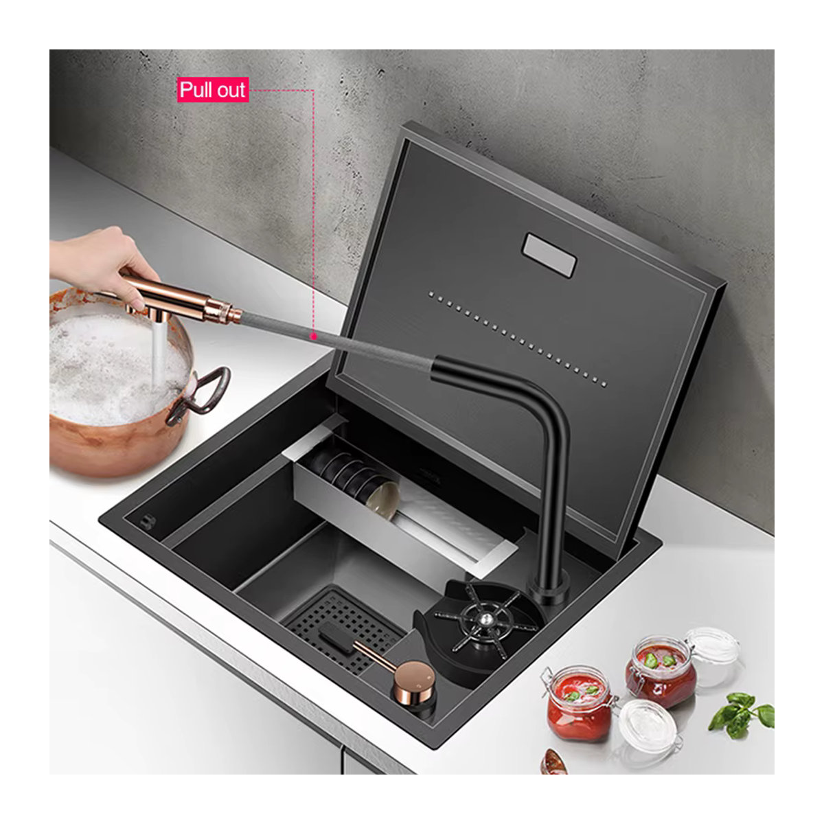 QINGYU ELEVEN Küchenspüle aus Edelstahl 304 in Schwarz mit Tassenspüler und minimalistischem Design - Bild 2