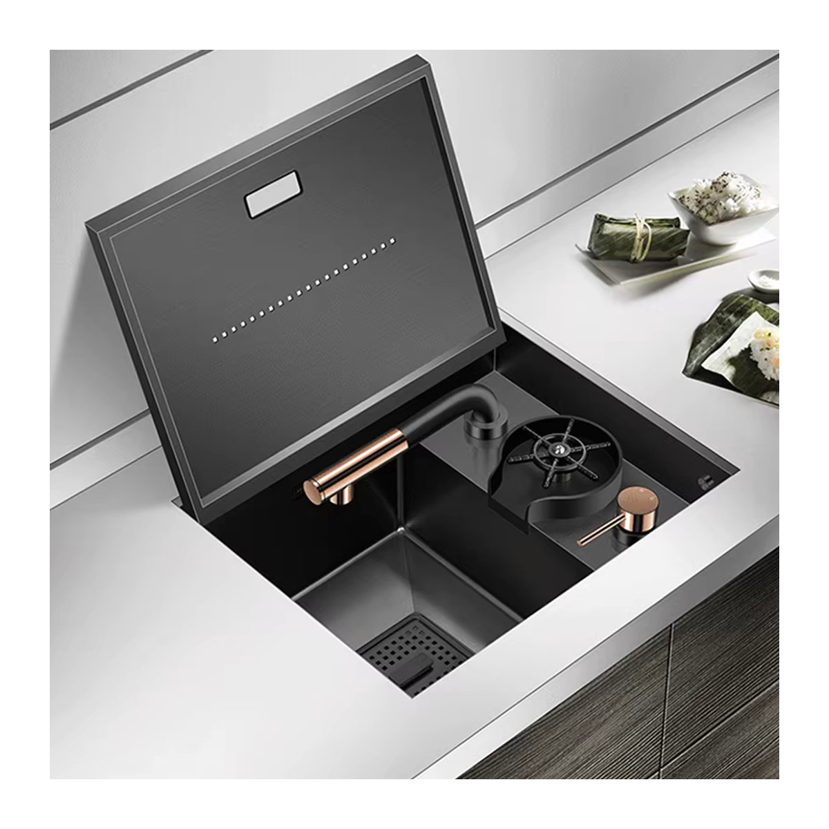 QINGYU ELEVEN Küchenspüle aus Edelstahl 304 in Schwarz mit Tassenspüler und minimalistischem Design - Bild 3