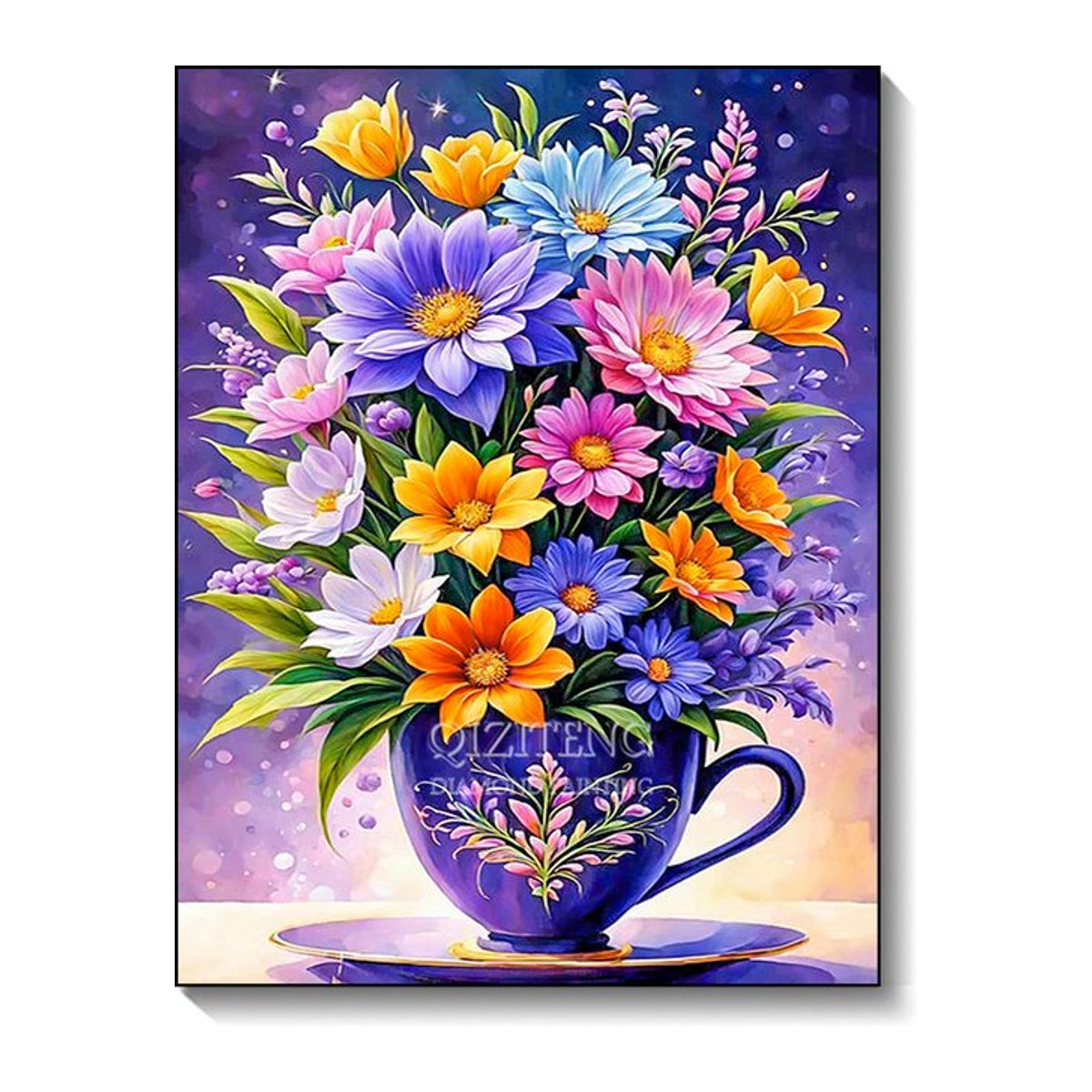 QIZITENG Diamant-Mosaik Set Blumenstrauß in Tasse, Mehrfarbig, Florales Kreuzstich-Set zur Wanddekoration - Bild 1