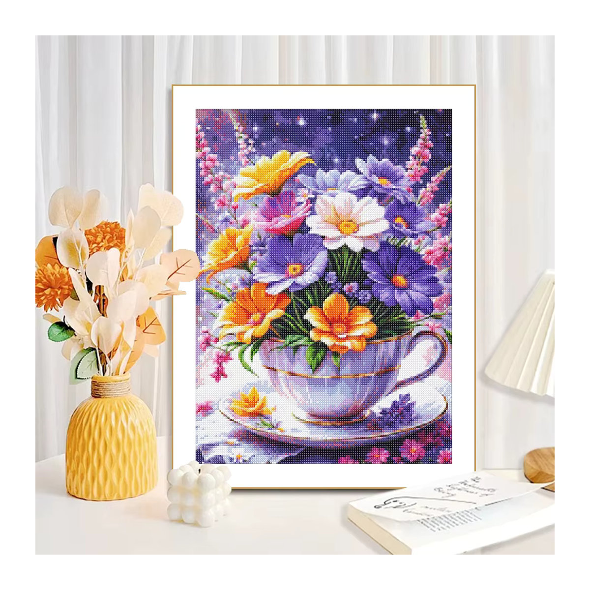 QIZITENG Diamant-Mosaik Set Blumenstrauß in Tasse, Mehrfarbig, Florales Kreuzstich-Set zur Wanddekoration - Bild 2