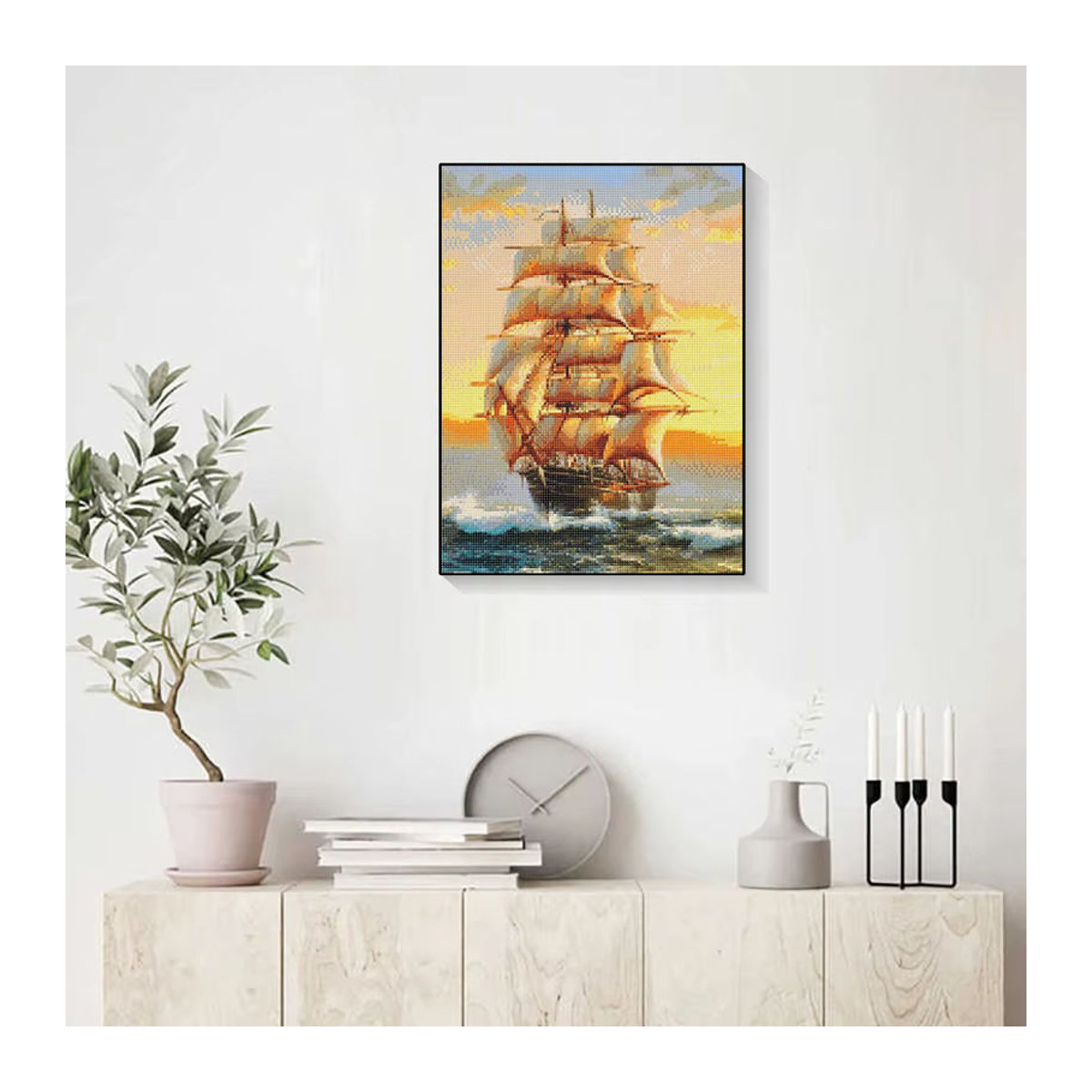 QIZITENG Diamond Painting Set Sonnenuntergang am Strand mit Segelboot, Maritimes Mosaik-Set mit mehrfarbigen Vollrunden-Diamanten zur Wanddekoration - Bild 3
