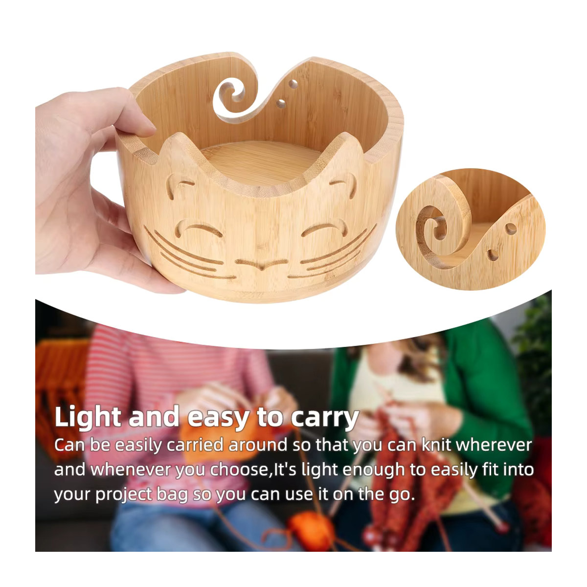 QJH Garnschale aus Holz in Beige mit Katzenohr-Design für DIY Häkel-Sets und Strickwolle - Bild 3