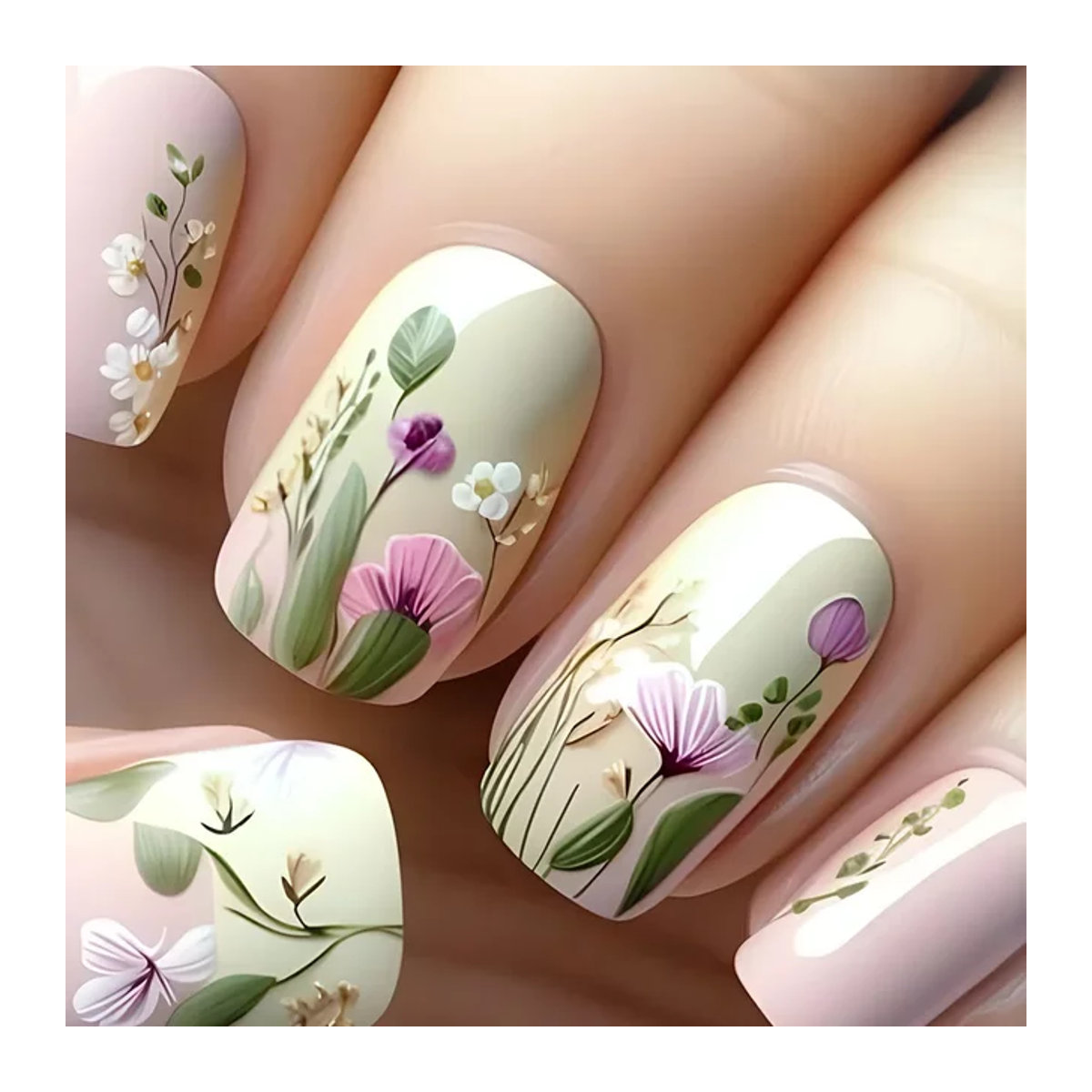 Qsezeny Künstliche Fingernägel mit Blumen- und Schmetterlingsdesign, 24 Stück, Mehrfarbig, Oval, Inklusive Gelee-Kleber - Bild 1