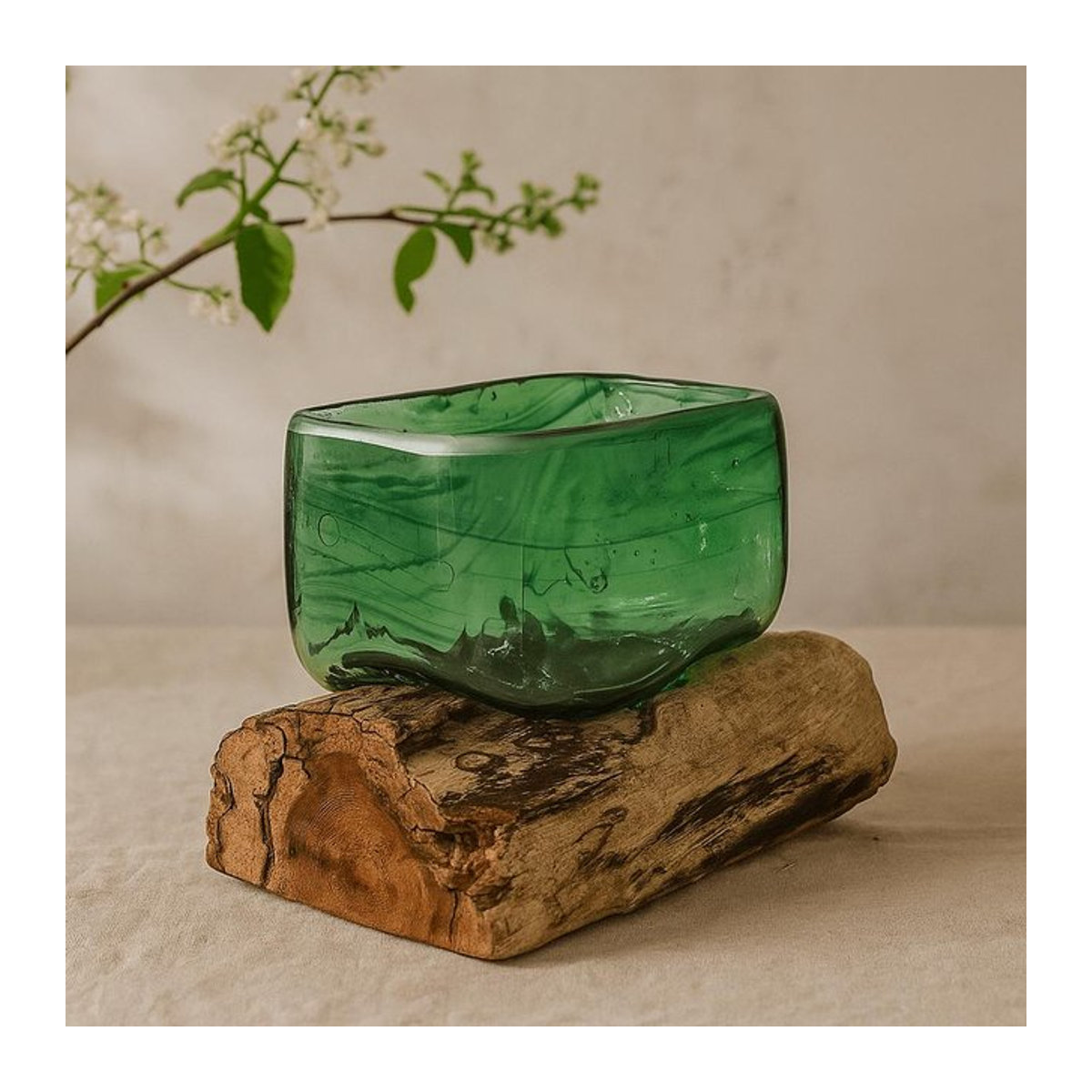 Quadratische Schale aus Recyclingglas in Grün mit Holzsockel von SHAMTAM - Bild 1