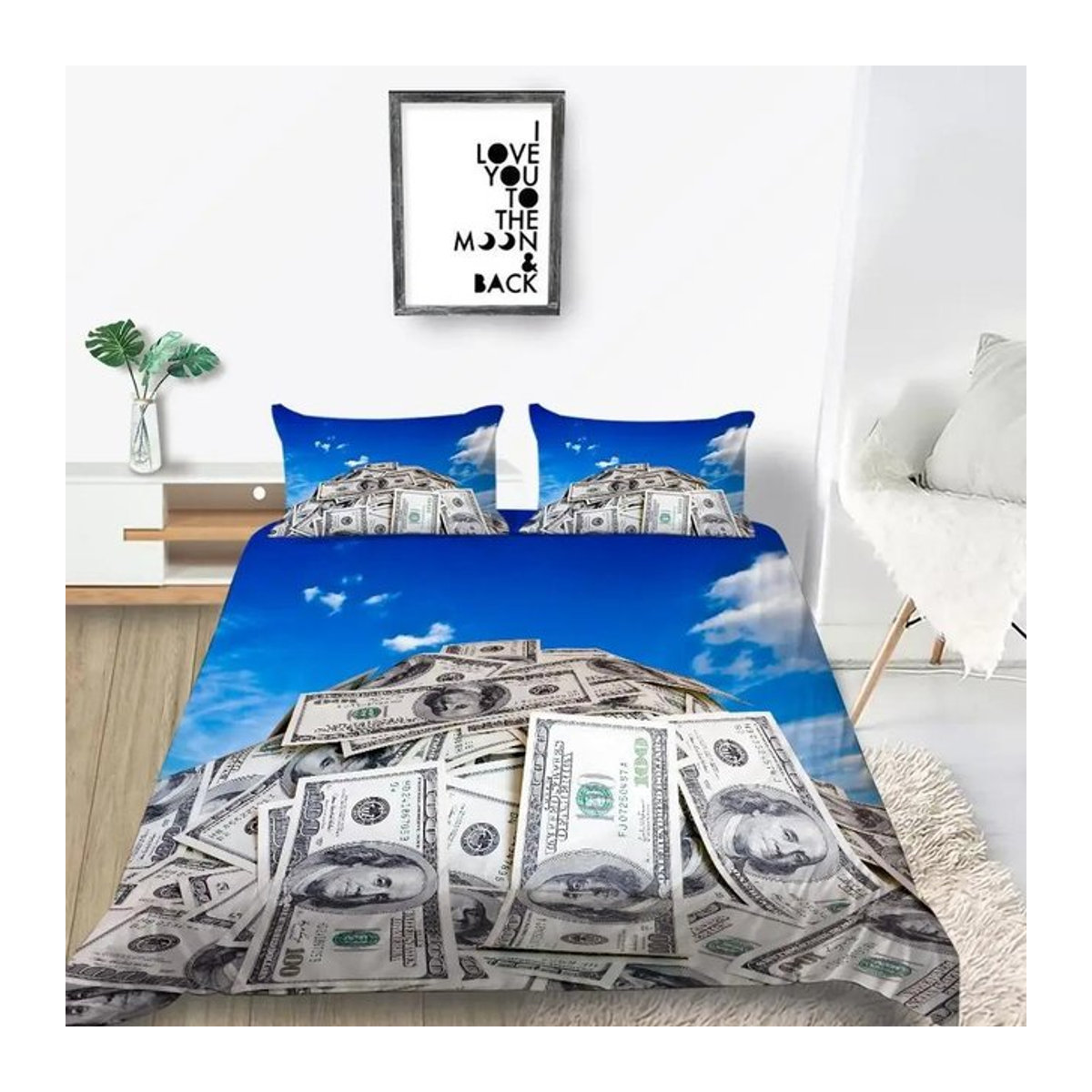 Queen Bettwäsche Set aus Mikrofaser mit Dollarnoten Design und Ben Franklin Porträt, 2-teilig, B: 230 cm, H: 240 cm (basierend auf Standardmaß für 70x133cm Einzelbezug-Kontext, falls Maße im Text als 70x133cm angegeben sind: B: 133 cm, H: 70 cm) - Bild 1