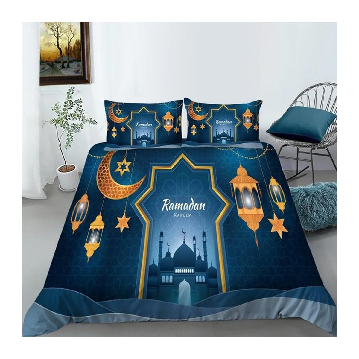 Ramadan Arabische Nacht 3D Bettwäsche Set mit Mond und Sternen aus Polyester, 3-teilig, B: 135 cm, L: 200 cm - Bild 1